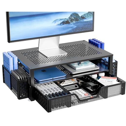 Simple Trending 2 Tier Metal Monitor Stand Monitor riser and Computer Desk Organizer with Drawer and Pen Holder for Laptop, Computer, iMac, Black