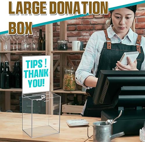Miniatura 5 de Sweetude Paquete de 2 cajas de donación de acrílico con candado, tarros de punta alta de 8.2 x 6.7 x 5 pulgadas, urna de sugerencia con soporte para