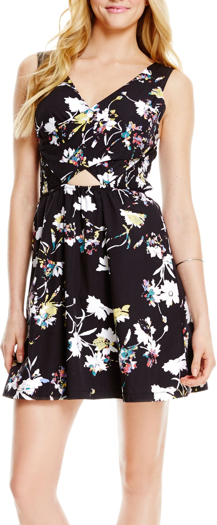 jessica simpson fit and flare dress JS Jessica Simpson Yasmin Ruffle Wrap Dress in Multi Celestial Patchwork main image 1