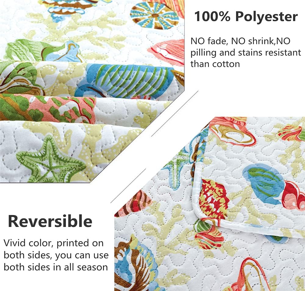 3-Piece Colorful Seashell Lightweight Quilt Set,Beach Themed Cottage Reversible Bedspread Coverlet,Vivid Seascape Image Coral Starfish Scallop Printed Bed Cover Seaside Bedding Set (Yellow,King) thumbnail
