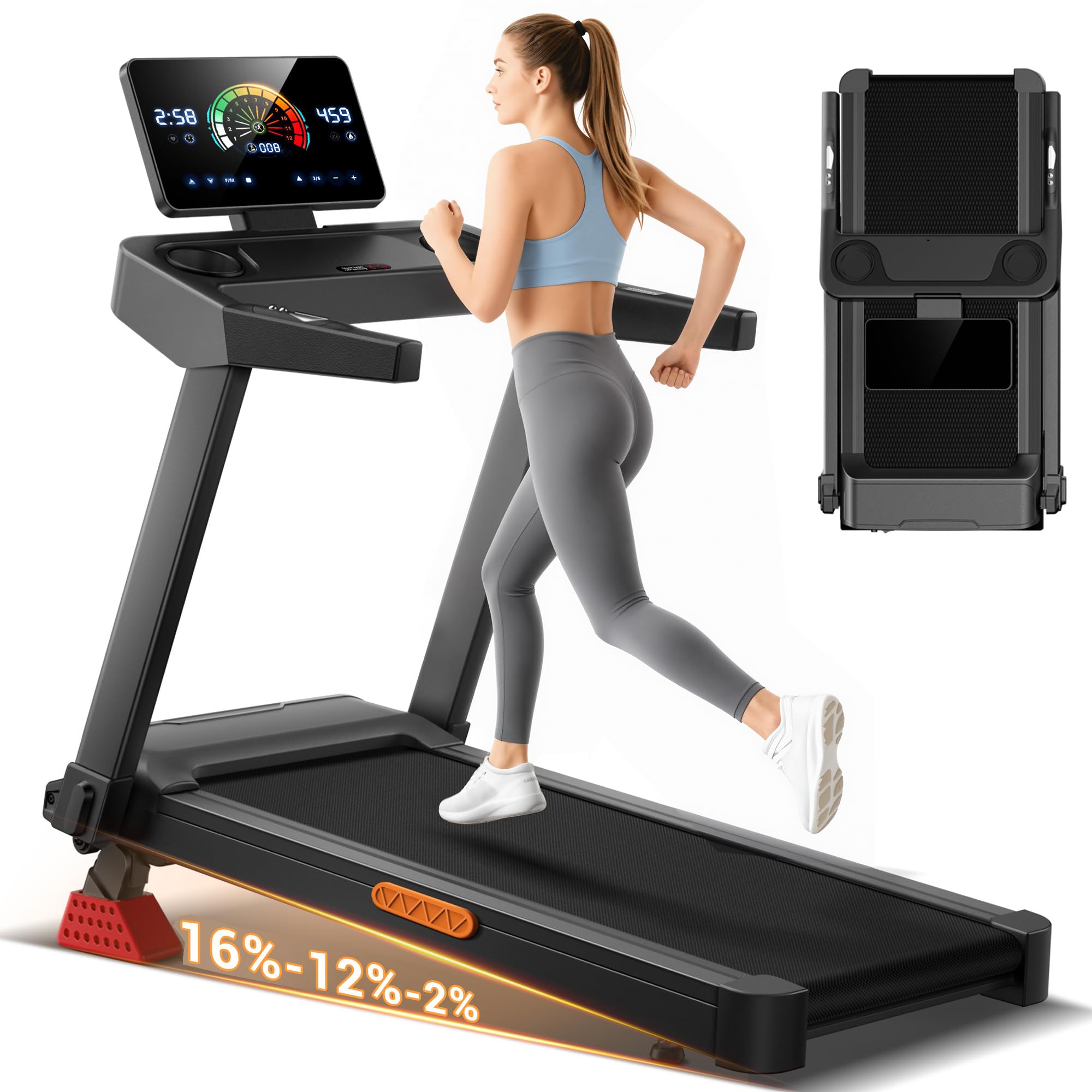 UMAY Składana Bieżnia do domu z nachylenie 16%-20%, 14 km/h | Bieżnia do chodzenia z monitorem tętna,Treadmill Home z silnikiem 3,5 KM i wyświetlaczem LED,Kompaktowa,180KG