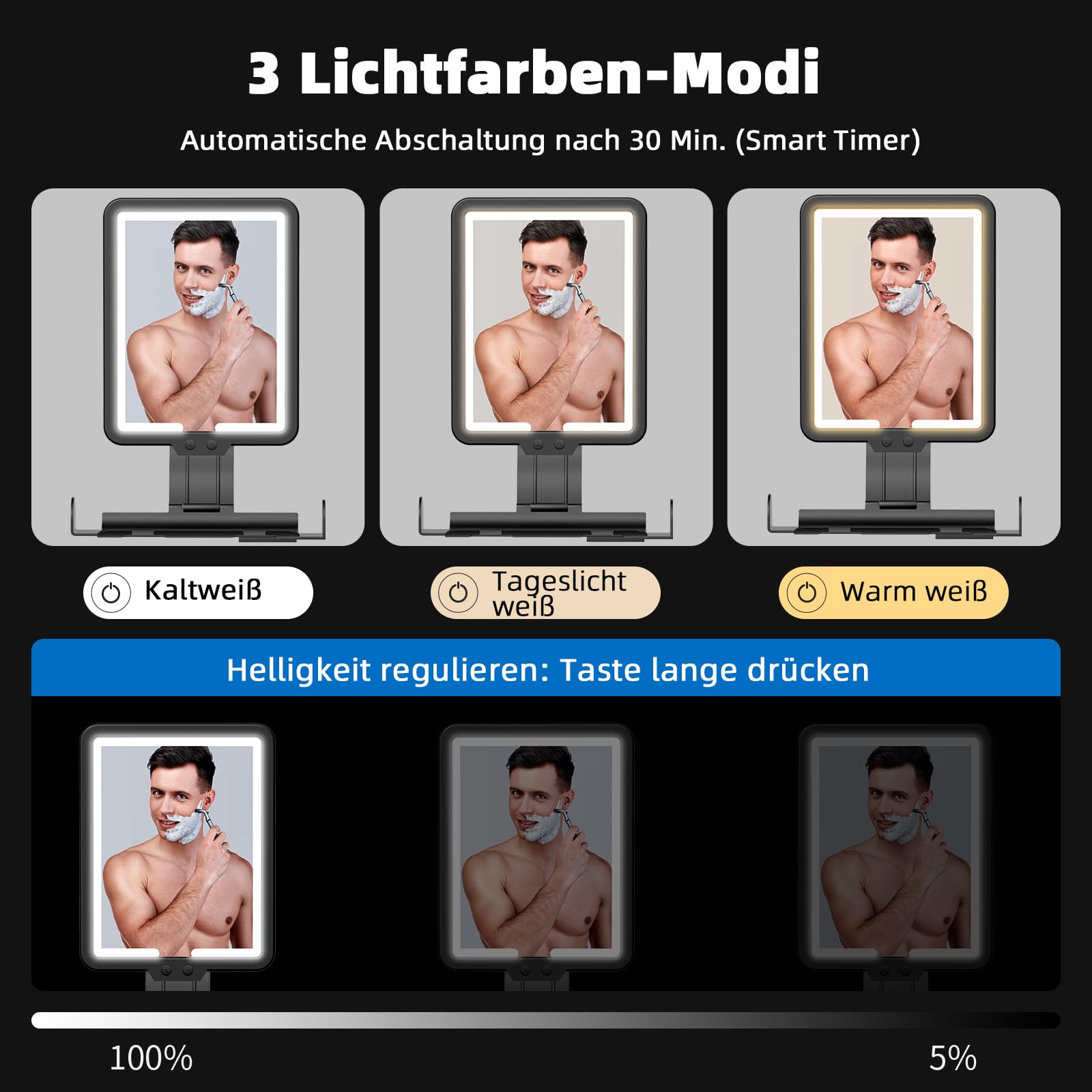 Rasierspiegel Beschlagfreier Duschspiegel mit Licht, groß 23 * 17,5cm Beheizter AntiBeschlag Dusch-Rasierspiegel 3 Farbmodi dimmbares Licht, mit Ablagefach & Rasierklingenhalterung