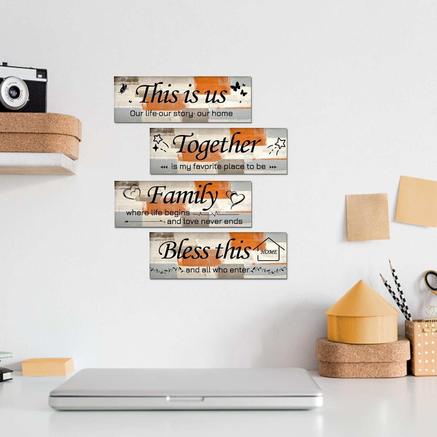 Lnond 4 Pieces Orange Abstract Living Room Wall Decor, Motivational Home Family Rustic Wall Art Decor for Bedroom Living Room, Rustic Wooden Farmhouse Home Decor, 12 x 4 Inch image 4