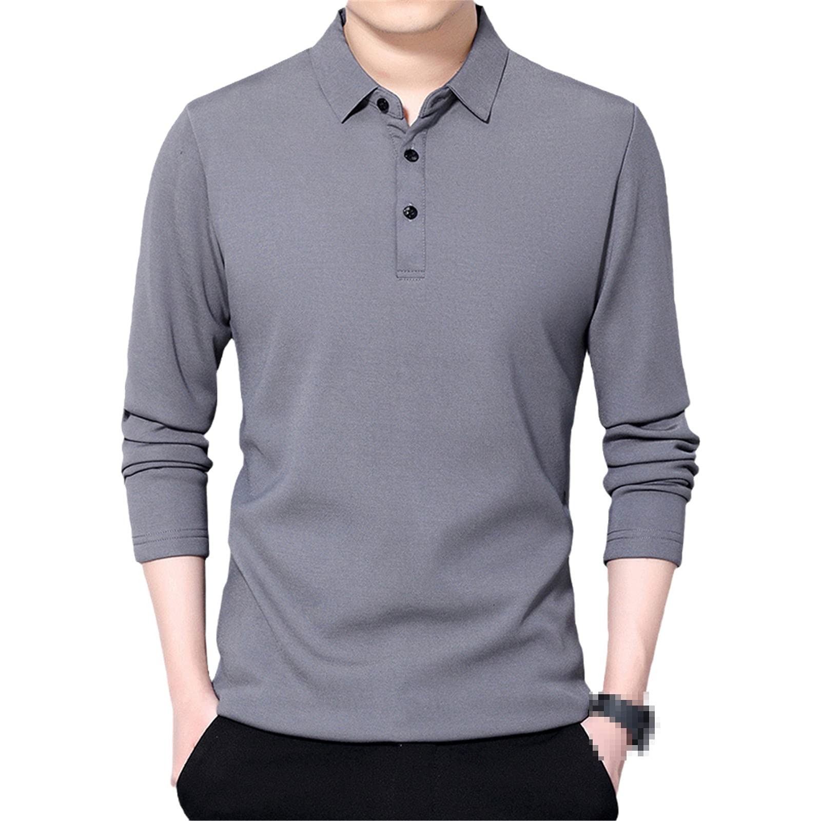 Modisches einfarbiges Herren-Poloshirt, lässig, koreanisch, einfarbig, langärmelig, atmungsaktive Kleidung, grau, 3XL