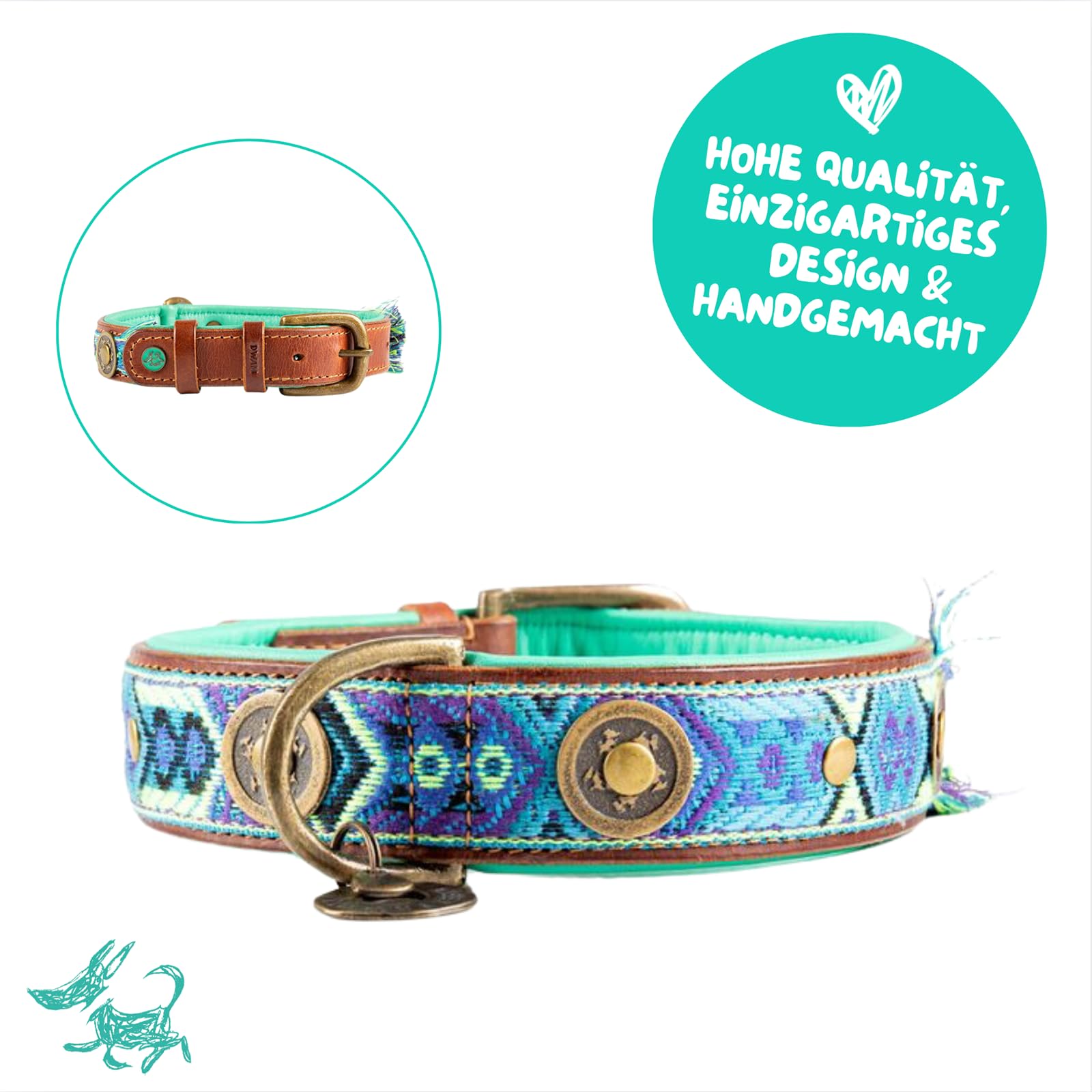 Dog with a Mission - Hundehalsband L | Farbenfroh in Blau und Türkis | Boho, Ethno, Ibiza, Hippie | Für große Hunde | Handgemacht | Modisch und Bunt | Aus weichem Echtes Leder | 2,5 cm Breit