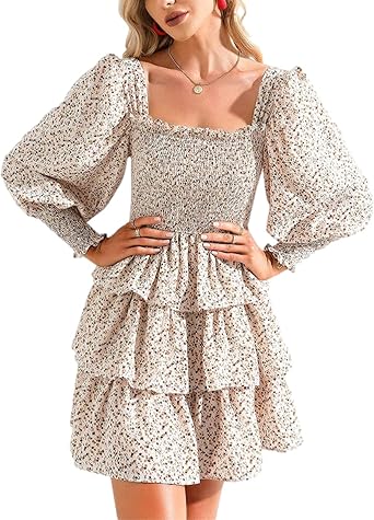 Amazon.com: Xishiloft Vestido floral de gasa para mujer, cuello cuadrado,  manga farolina, estampado de volantes en capas : Ropa, Zapatos y Joyería