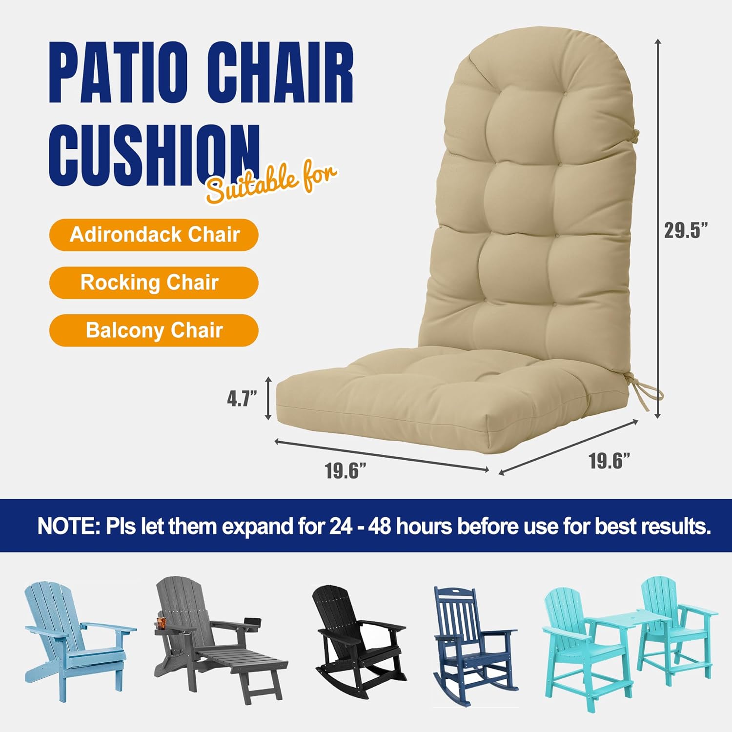 YEFU Adirondack Chair Cushion, Rocking Chair Cushions High Back Set of 4, Thickened Patio Chair Pad for Indoor and Outdoor, 49x20x4.7 Inch, Beige