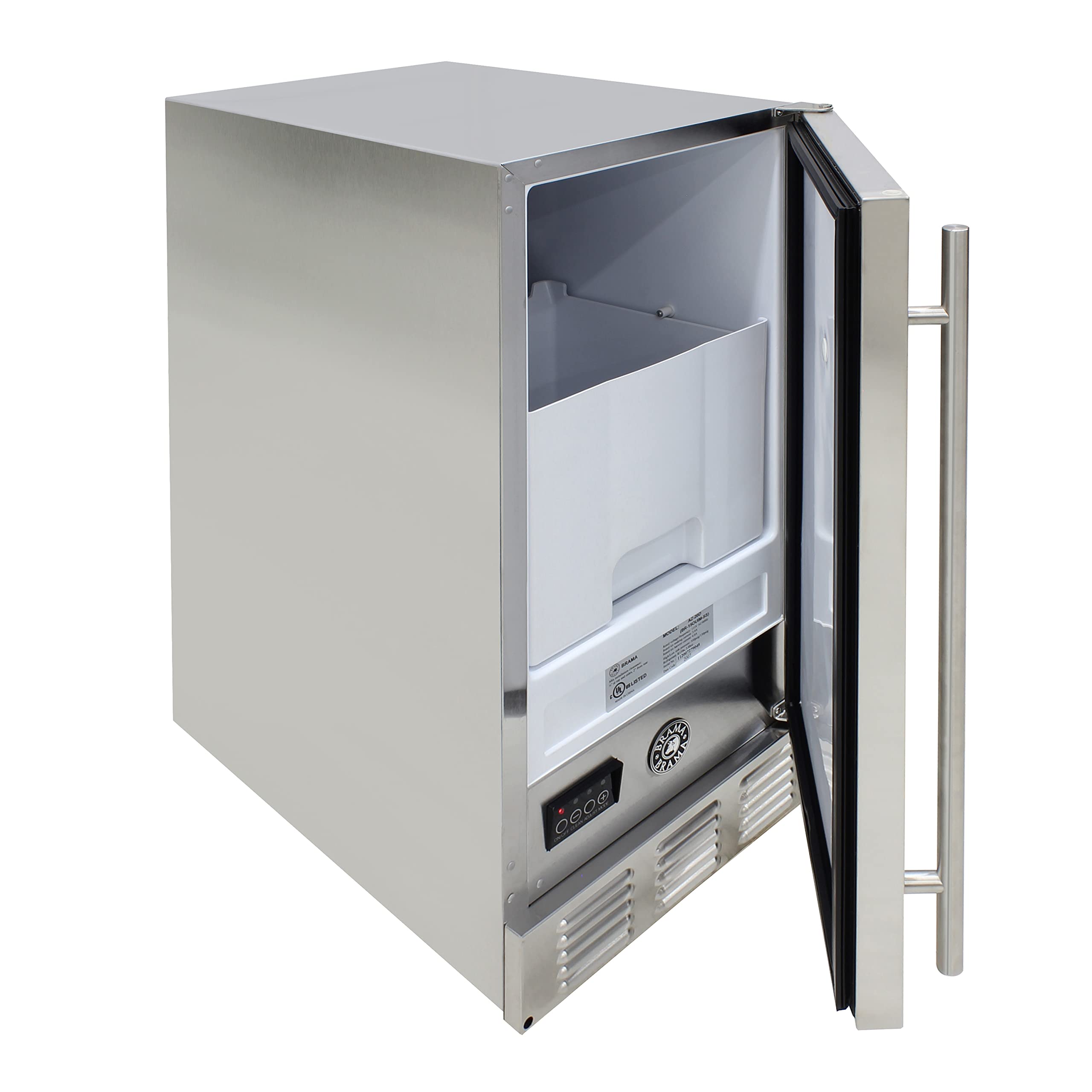 BRAMA Ice Maker Machine 50/lbs. Ice Daily Undercounter Built-in or Freestanding Stainless Steel Construction with Reversible Door and Auto Shut Off for Indoor or Outdoor Use, Metallic on Fridge.com