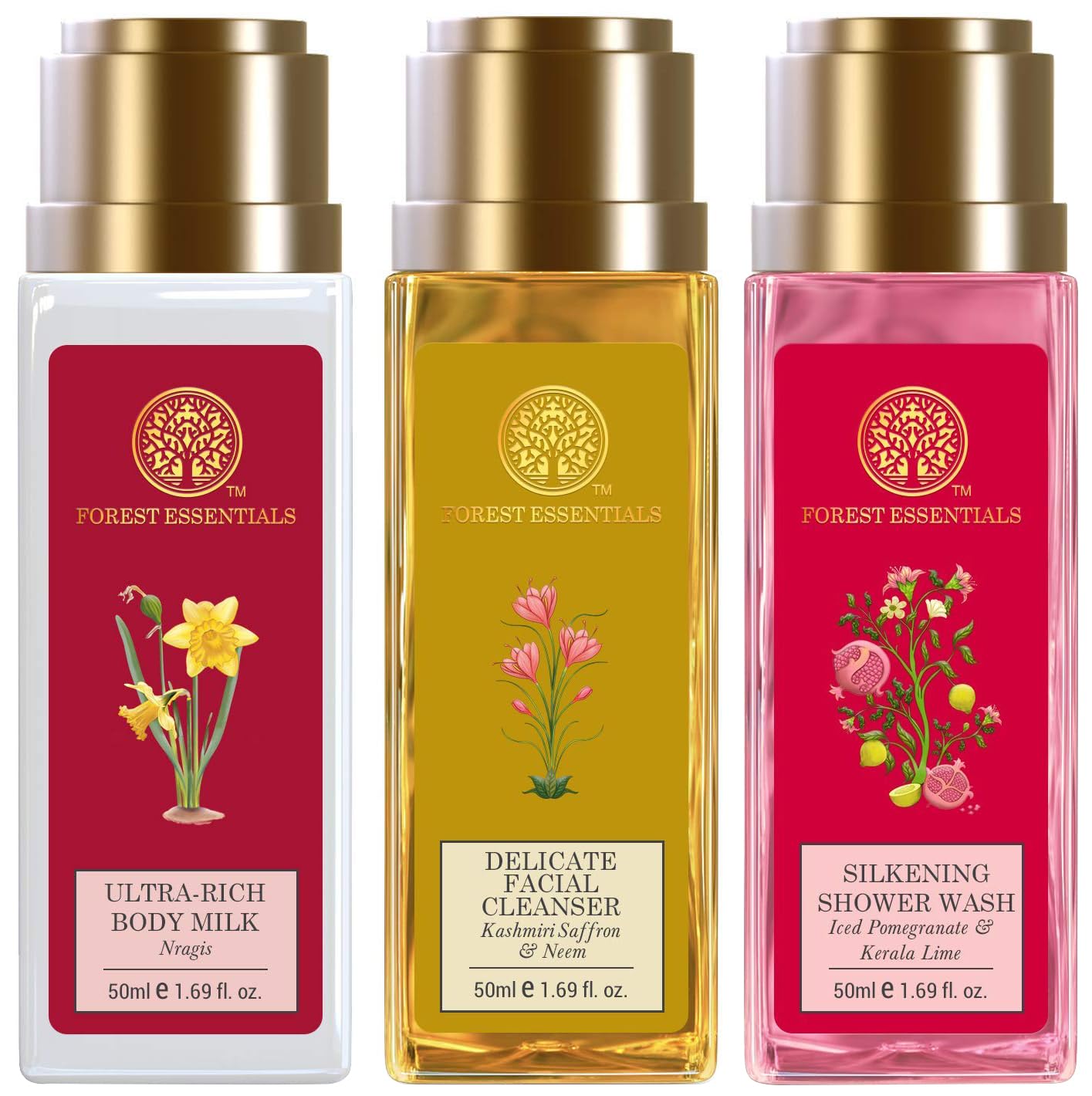 Forest Essentials Travel Size Ultra-Rich Body Milk Nargis & Forest Essentials Delicate Facial Cleanser Kashmiri Saffron & Forest Essentials Travel Size Silkening Shower Wash Iced Pomegranate & Kerala Lime-image-13