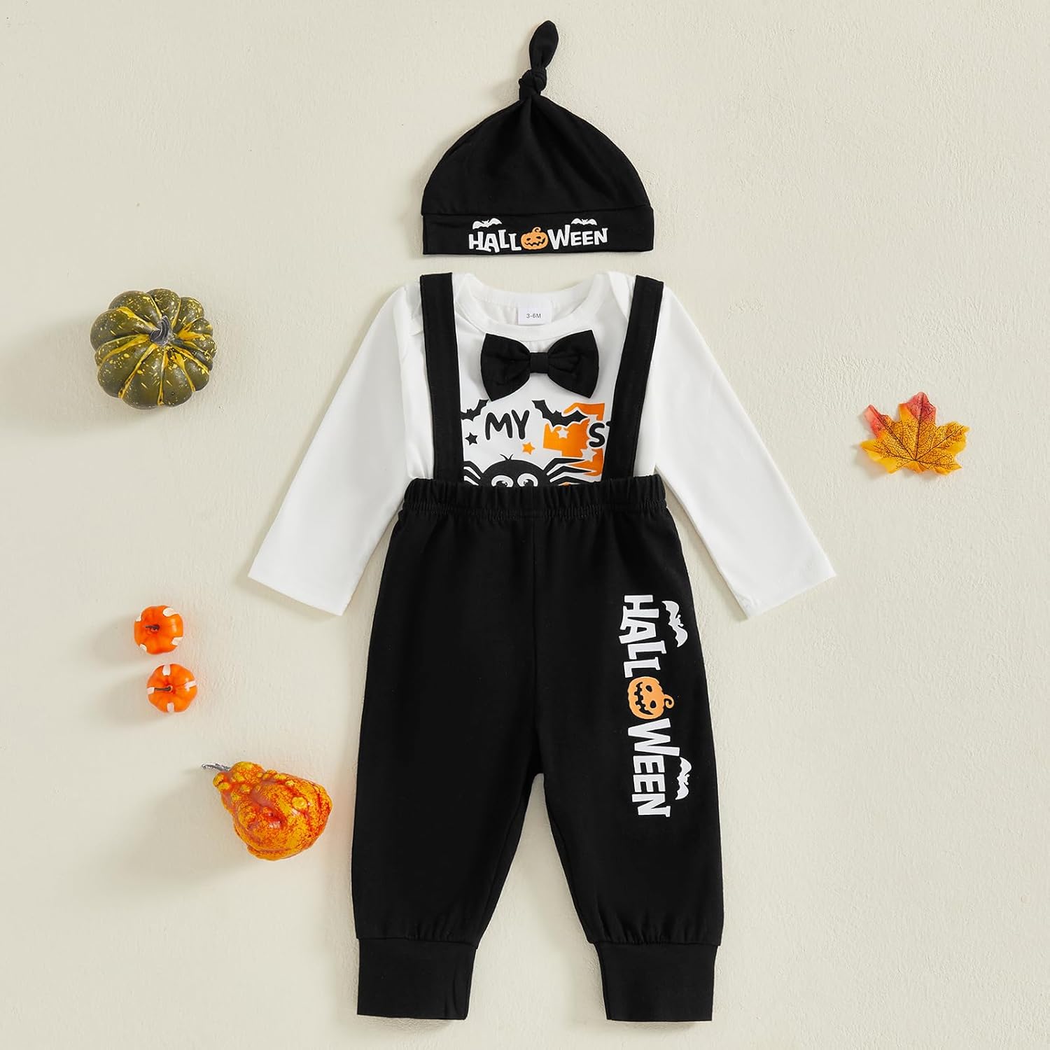 Karuedoo My 1st Halloween Baby Boy Outfit Long Sleeve Bowtie Romper Suspender Pants with Hat 3 Piece Fall Clothes Sets - Image 6