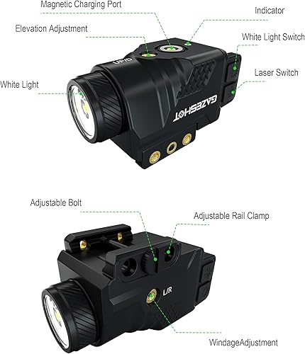 Miniatura 8 de GAZESHOT Mini luz de pistola de 700 lúmenes, luz láser combinada de arma, linterna táctica, recargable por USB magnética con mira de haz rojo y modo