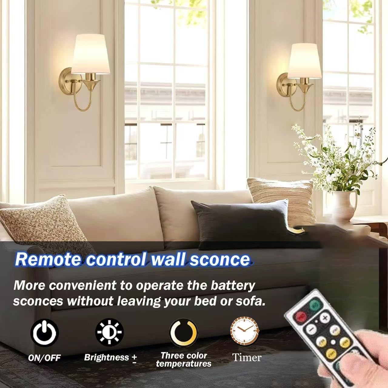 Brass Battery Wall Sconces Battery Operated Wall Lights Set of Two with Rechargeable Bulbs & Remote, Wireless Gold Battery Powered Wall Sconce, Cordless Fabric Wall Lamp for Bedroom Living Room Porch