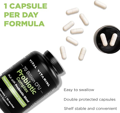 Miniatura 8 de Vital Vitamins Complejo probiótico para hombres y mujeres, 70 mil millones de UFC, fabricado con mezcla prebiótica, digestivo, salud intestinal y