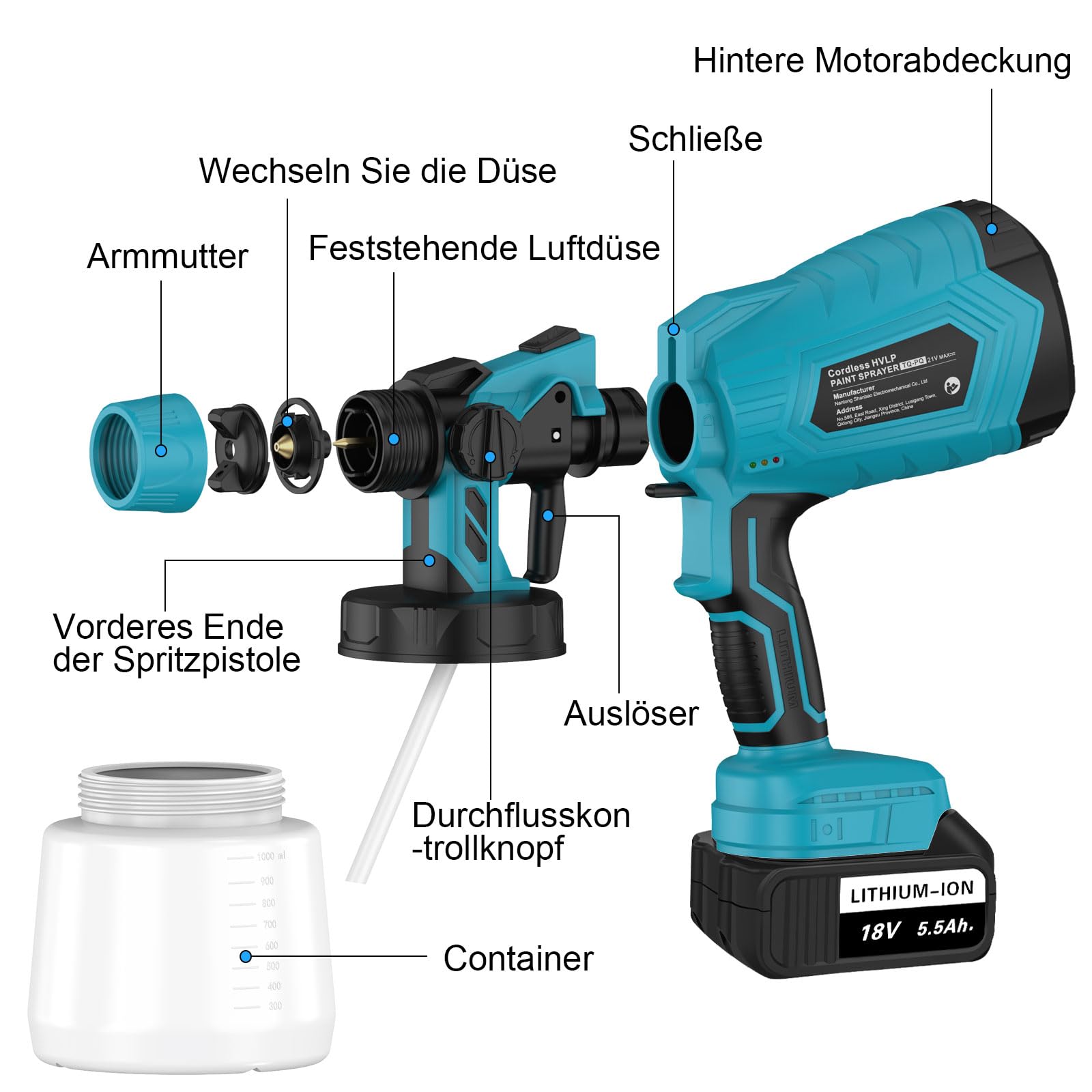 Sistema di spruzzatura a batteria, con batteria da 2 x 5500 mAh, pistola per verniciatura elettrica, 1000 ml, grande contenitore, per dipingere pareti, soffitti, mobili, recinzioni da giardino