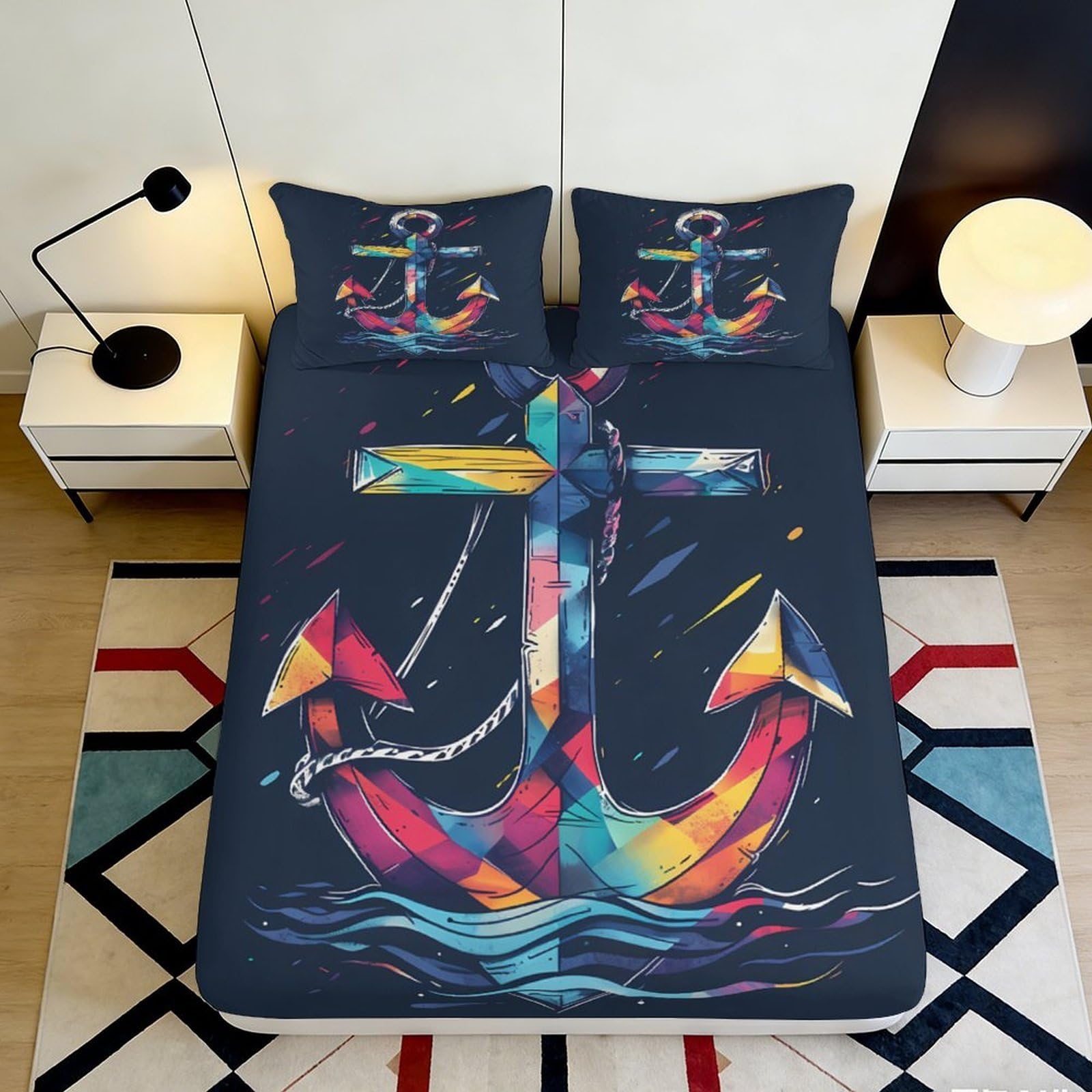 3D Printed Nautical Anchor Fitted Sheet Microfiber Colorful Ocean Art Mattress Cover Bedroom Home Decor 90x200x25cm