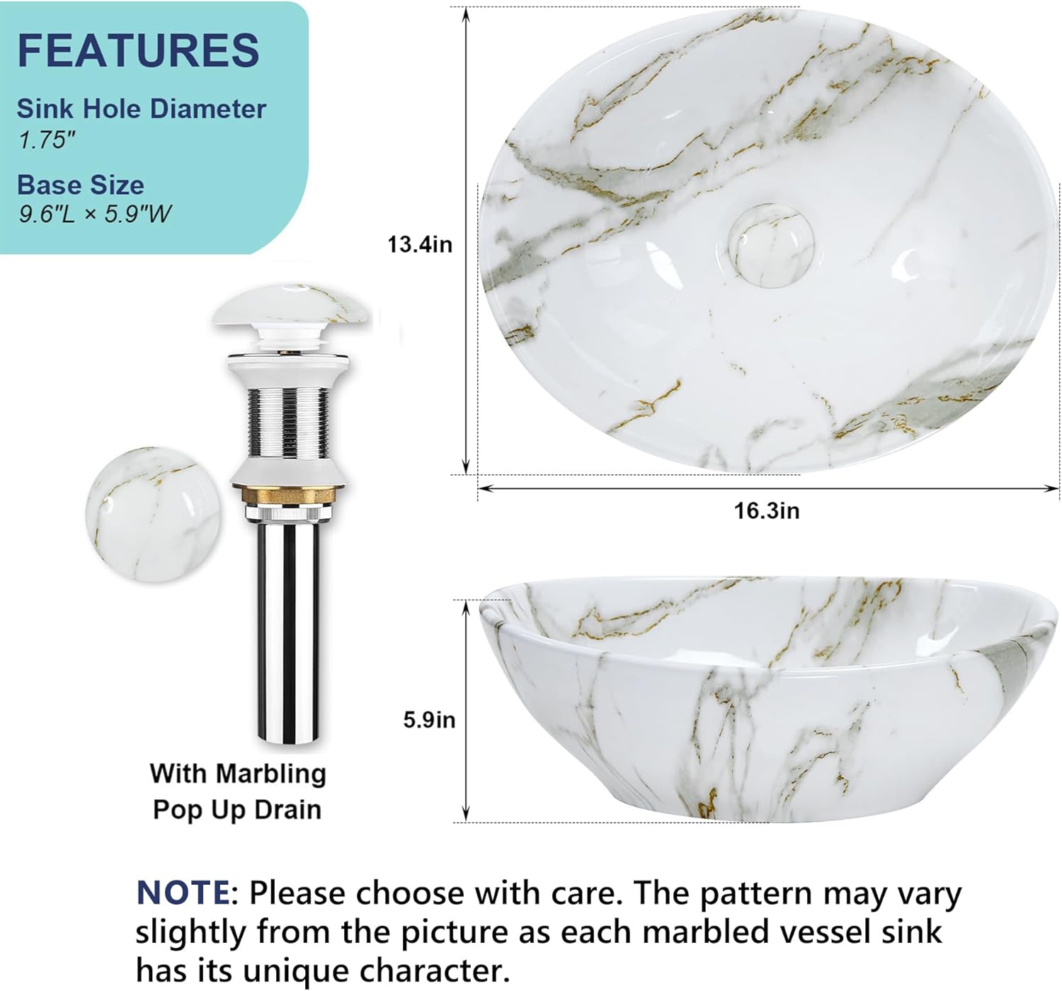Davivy 16.3"x13.4" White Marbling Bathroom Vessel Sink with Pop Up Drain,Oval Vessel Sinks Above Counter,Ceramic Egg Shape White Vessel Sink for Bathrooms