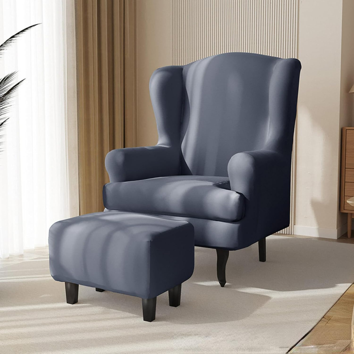 Stretch Wingback Chair Slipcover with Ottoman Slipcover, 2 Piece Wingback Chair Cover Armchair Cover Rectangular Ottoman Cover (Navy Blue)