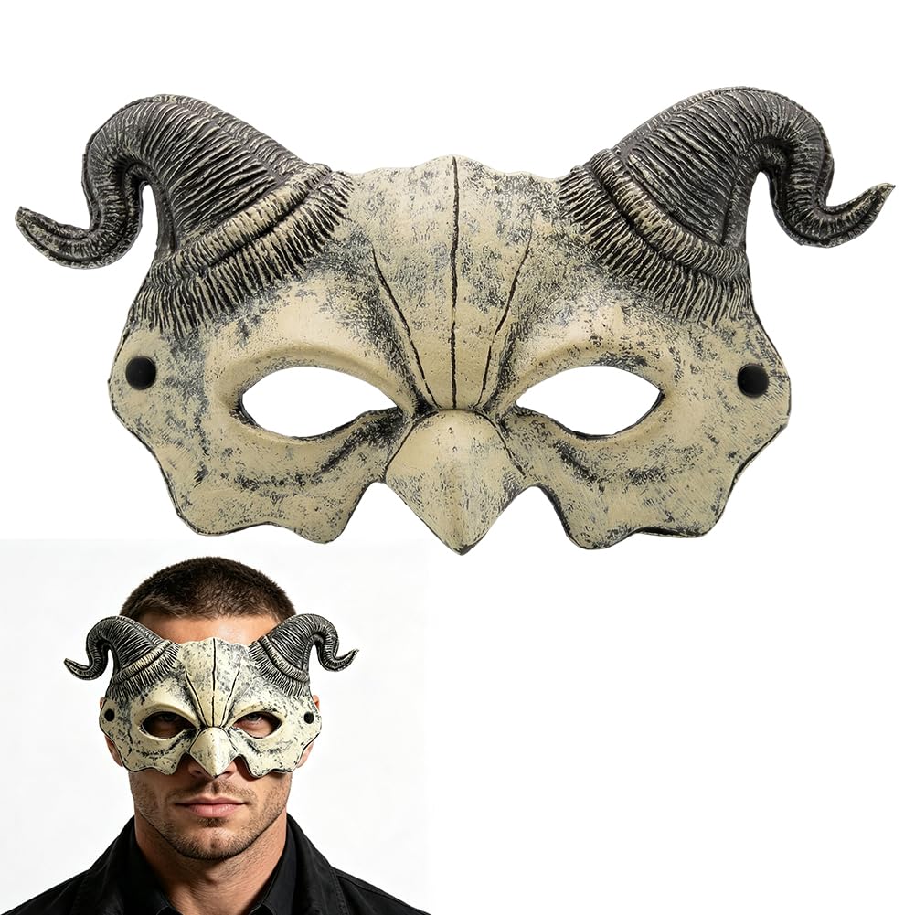 HATFRYF Halloween Horn Devil Half Face Masks, Animal Scary Mask, Costume Party Cosplay Mask, for Halloween Masquerade Cosplay Party - White