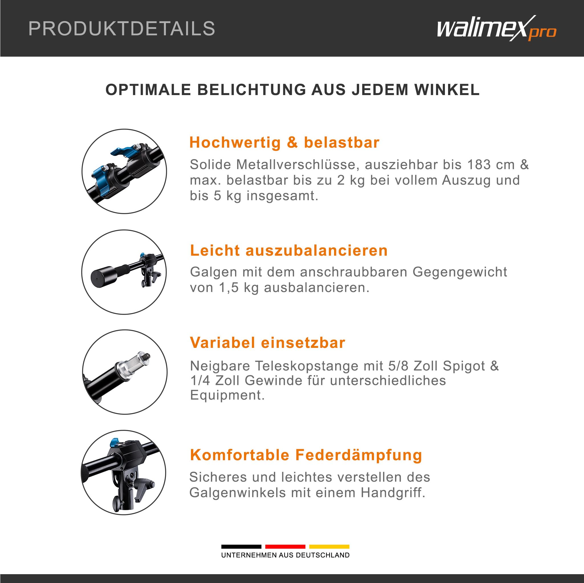 Walimex pro Galgen für Lampenstativ ausziehbar 70 bis 183 cm, Boom Arm neiggbar und bis 5 kg belastbar, 5/8 Zoll Spigot, Auslegearm ideal für Softboxen, Reflektoren, Schirme oder Mikrofone