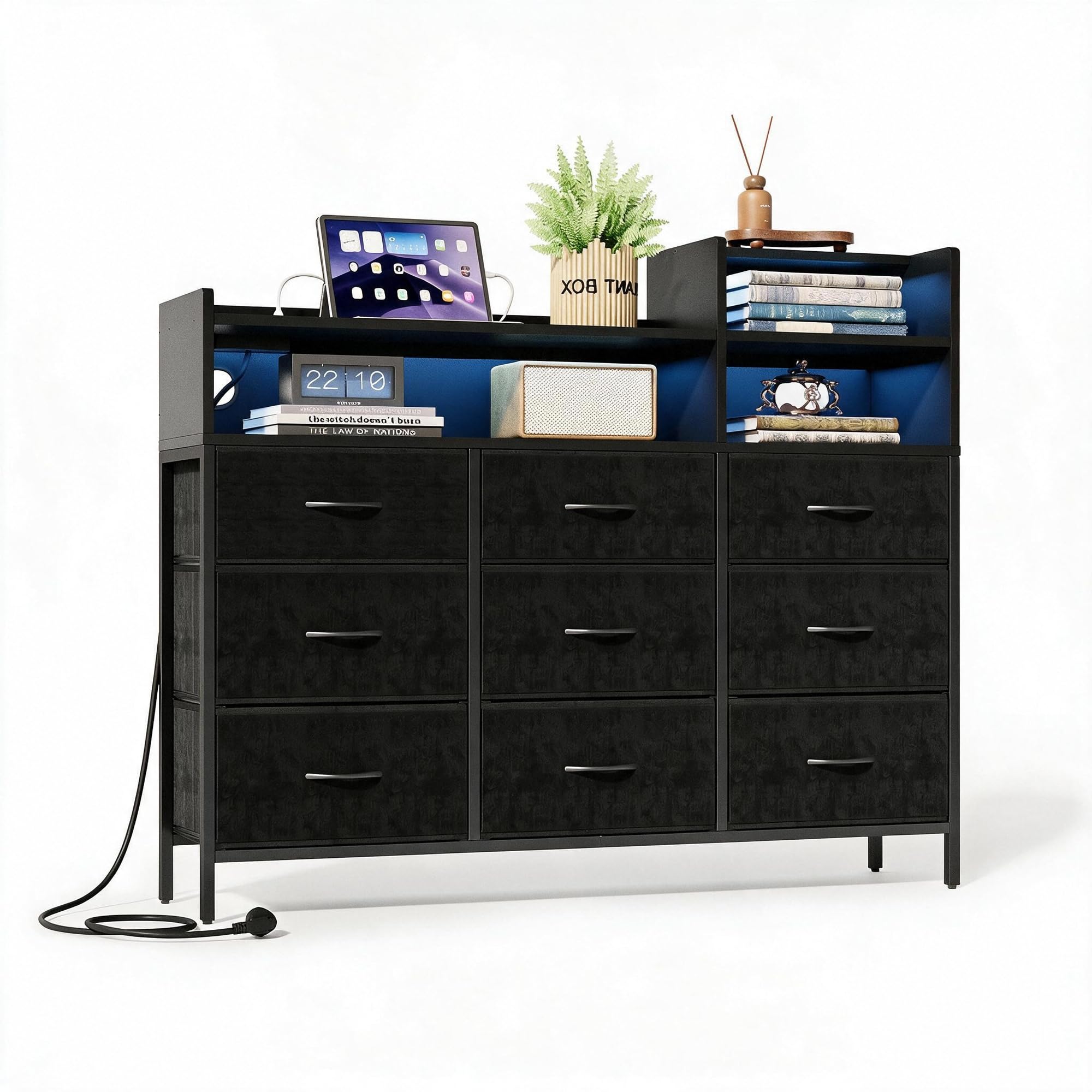 IRONCK Kommode mit Schubladen, Schubladenschrank mit LED-Beleuchtung & Ladestation, 9 Stoffschubladen & 3 Offene Fächer, Moderner Schubladenschrank für Schlafzimmer & Wohnzimmer (Schwarz)