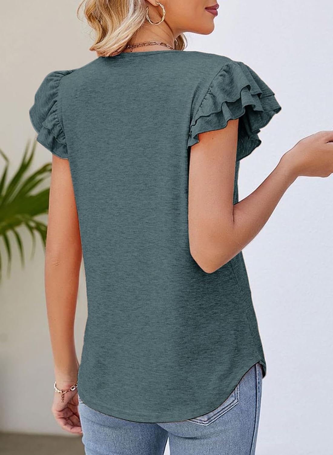 Dokotoo Women's Casual Ruffle Short Sleeve Tops 2026 Cute Solid Color Knit Ribbed T Shirts Blouses - Image 2