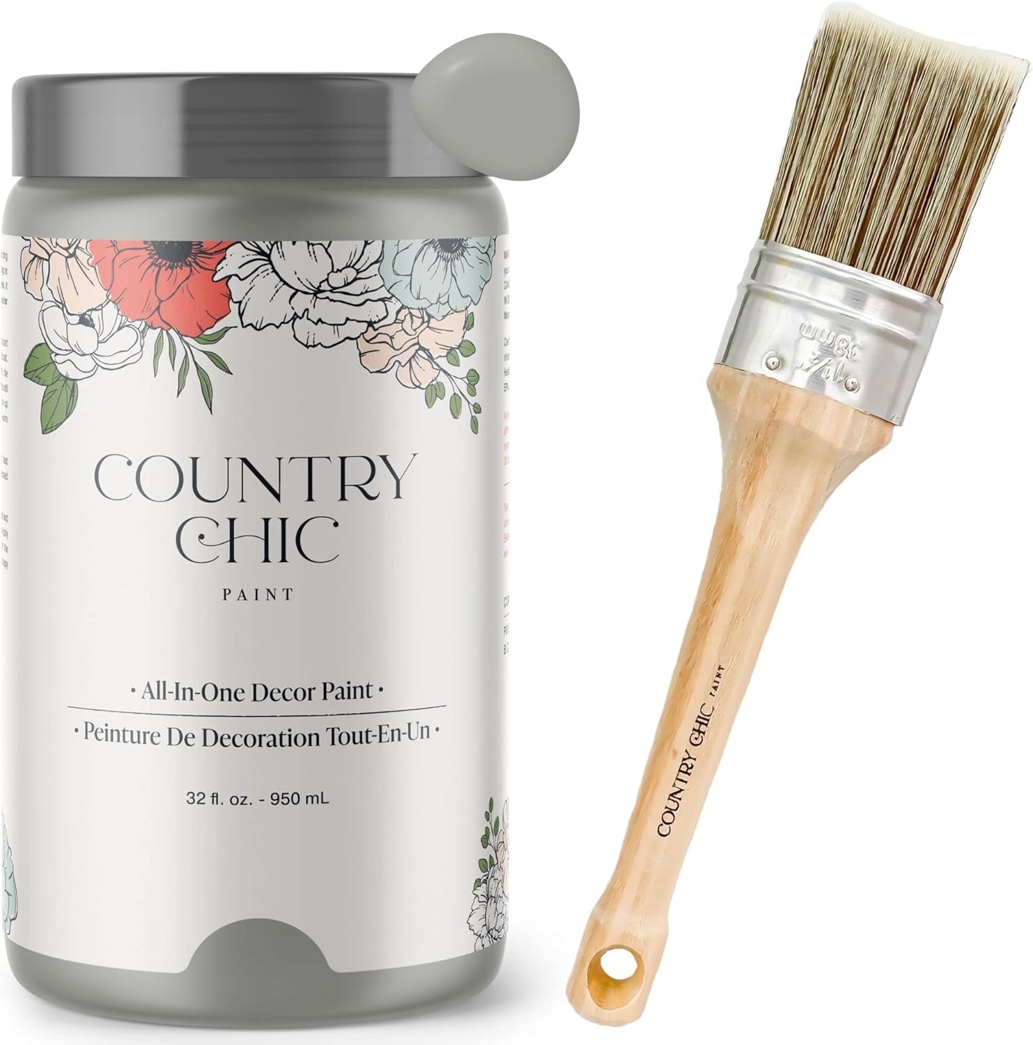 Chalk Style Paint + Paint Brush Bundle - for Furniture, Home Decor, Crafts (Color: Pebble Beach [quart - 32 oz] - Grey)