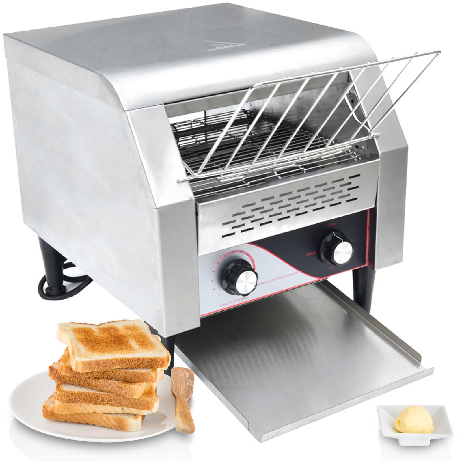 Tostapane a nastro 100 fette/ora - Tostapane commerciale per ristorante Tostapane a nastro trasportatore per ristorante in acciaio inossidabile resistente (Silver 1300W)