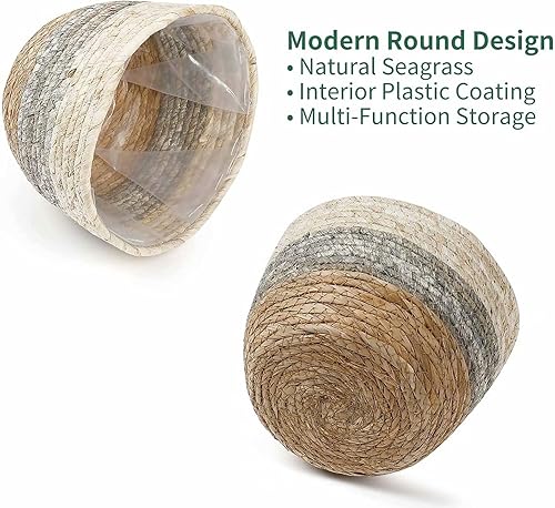 Miniatura 3 de Juego de 3 cestas de hierba marina, cesta tejida hecha a mano, cesta de almacenamiento para interiores y exteriores, contenedor con forro de