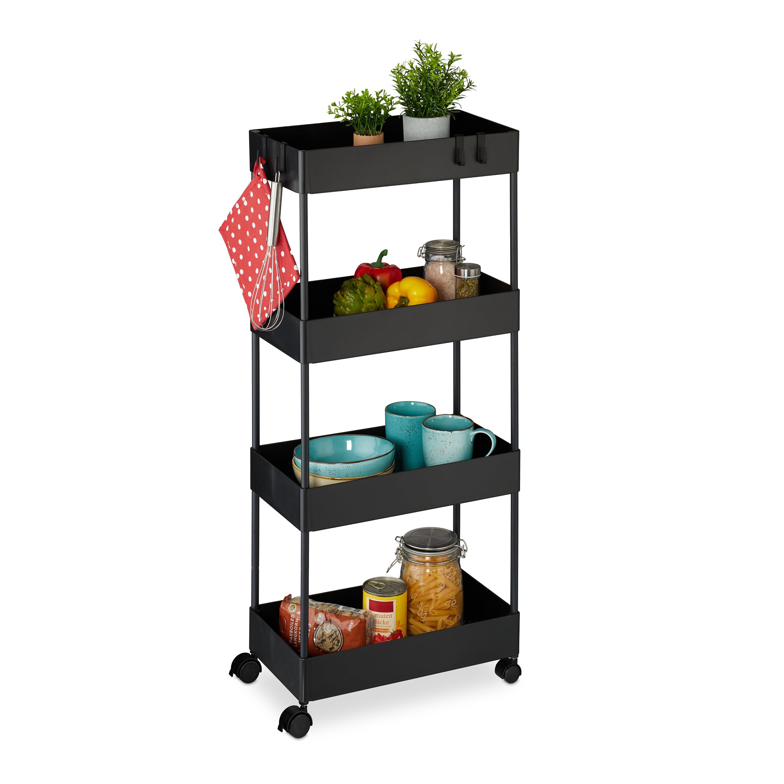 Carrito de metal y plástico con 4 ruedas organizadoras para almacenamiento vertical negro