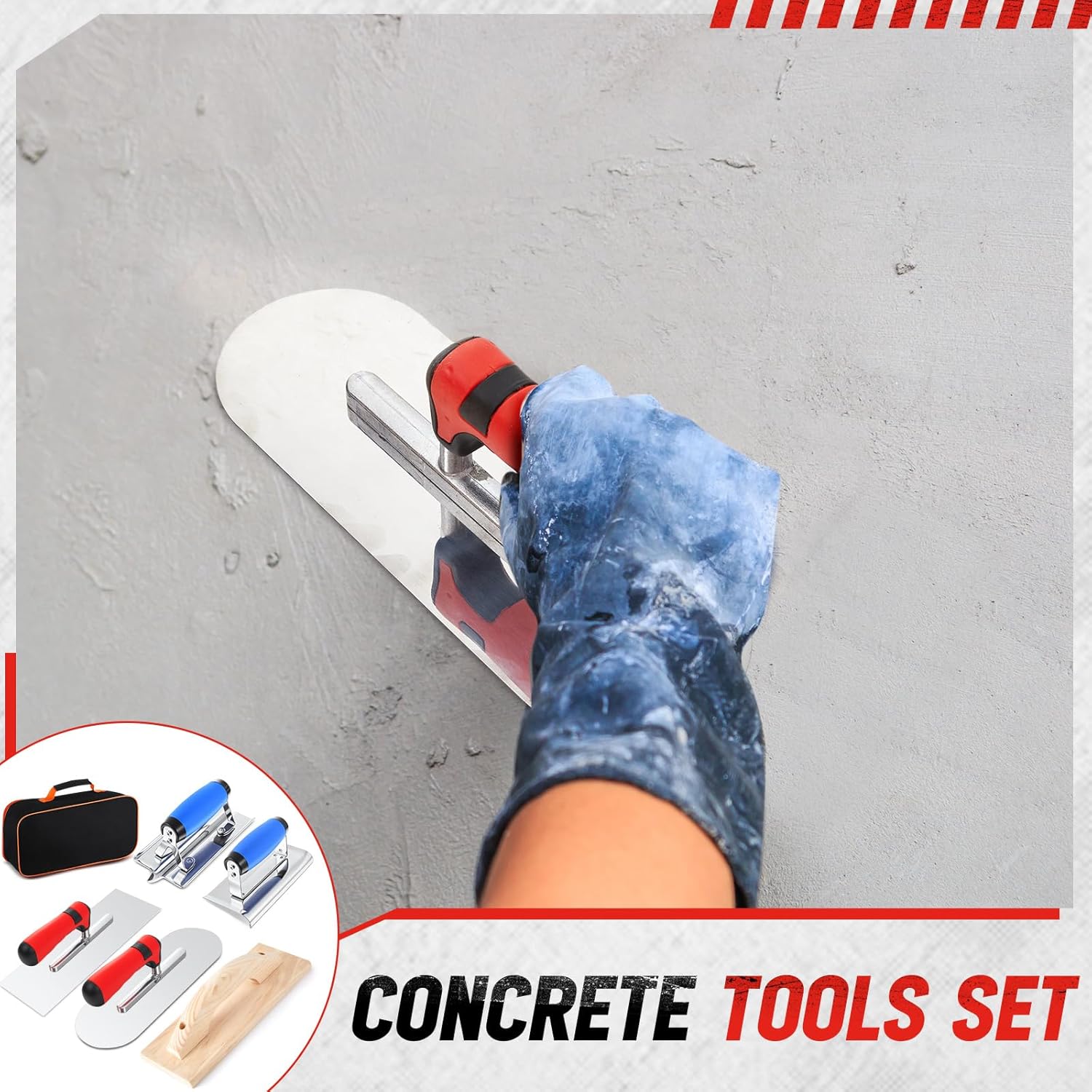 MorningRo 6pcs Concrete Hand Tools Set Masonry Tools Includes Stainless Steel Concrete Hand Edger, Groover, Wood Float, Finishing Trowel, Pool Trowel and Tool Bag for Cement Beginner Kit