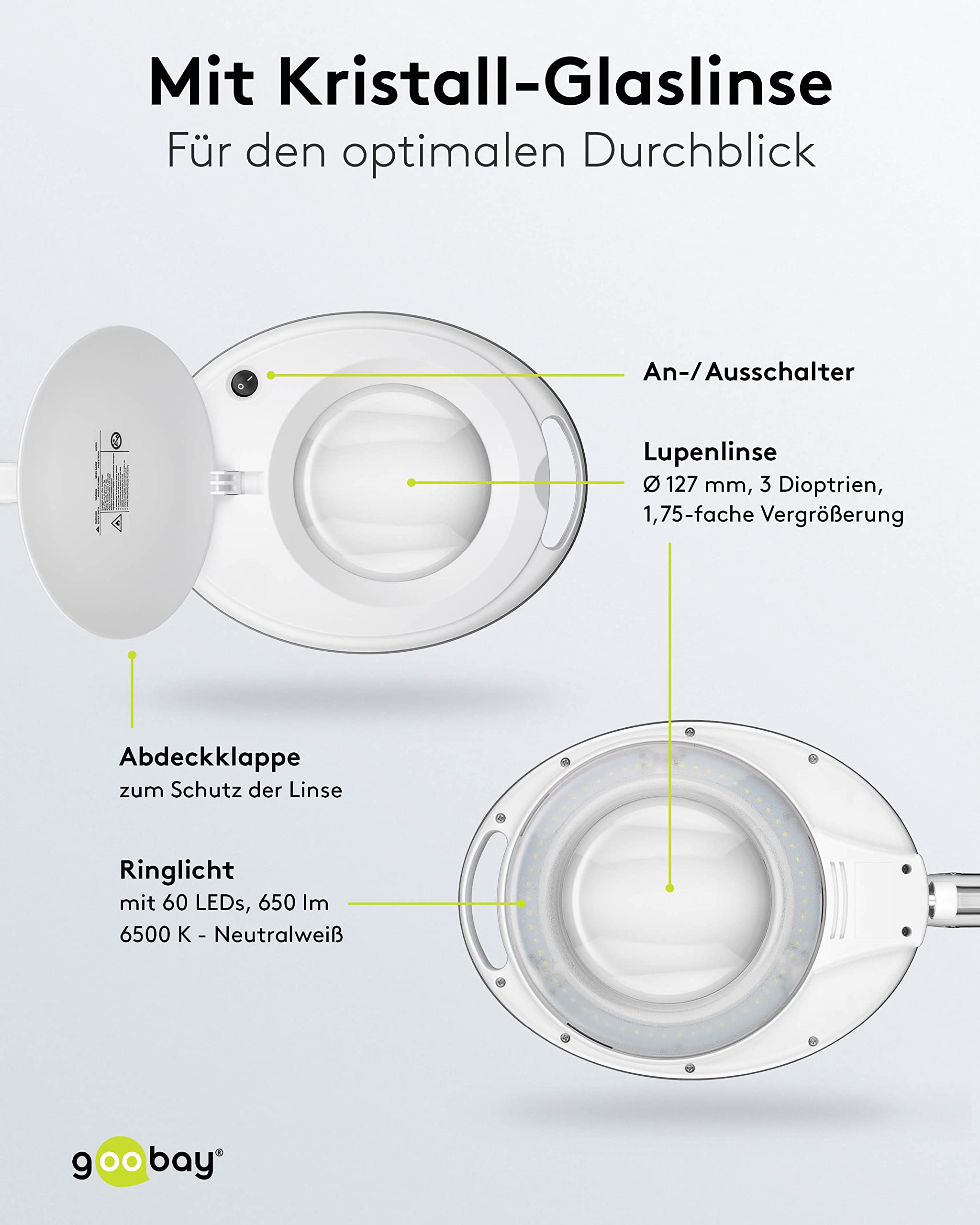 goobay 60360 LED lampa z lupą z zaciskiem/lampa z lupą z tworzywa sztucznego/pobór mocy 8 W, temperatura barwowa 6500 K/strumień świetlny 650 lm/napięcie robocze 230 V (AC) / biała