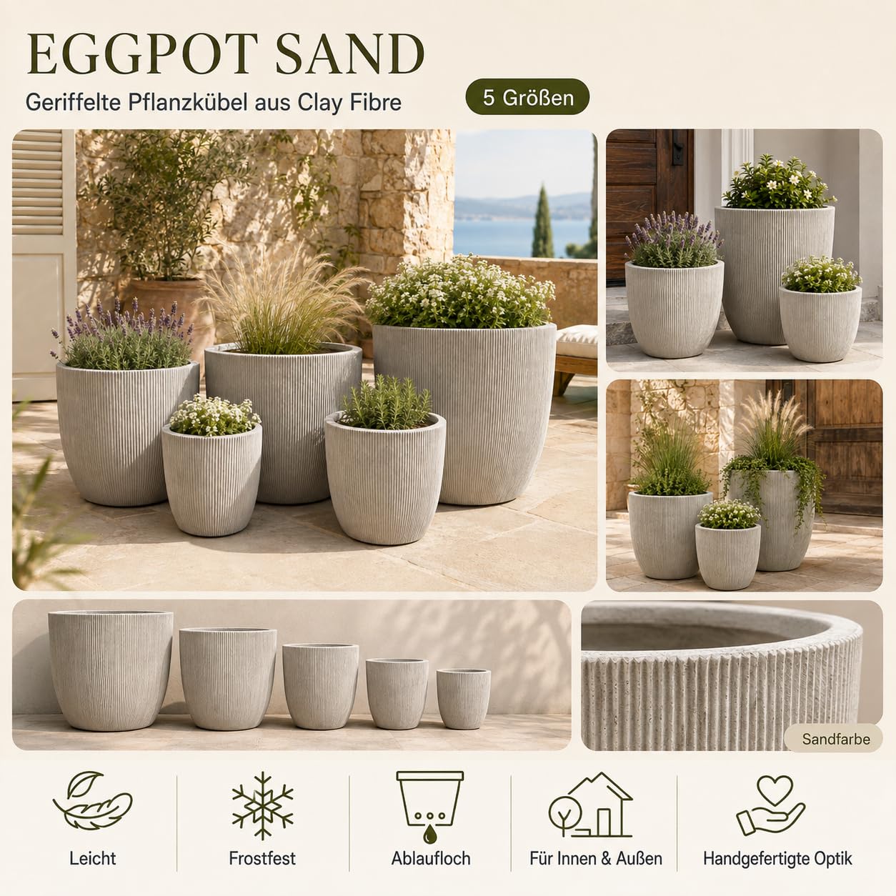 Pflanzkübel Eggpot Sand Geriffelt aus Clay Fibre – Leicht Frostfest – Moderner Blumentopf für Garten Terrasse Balkon & Innenbereich (Ø53 cm)