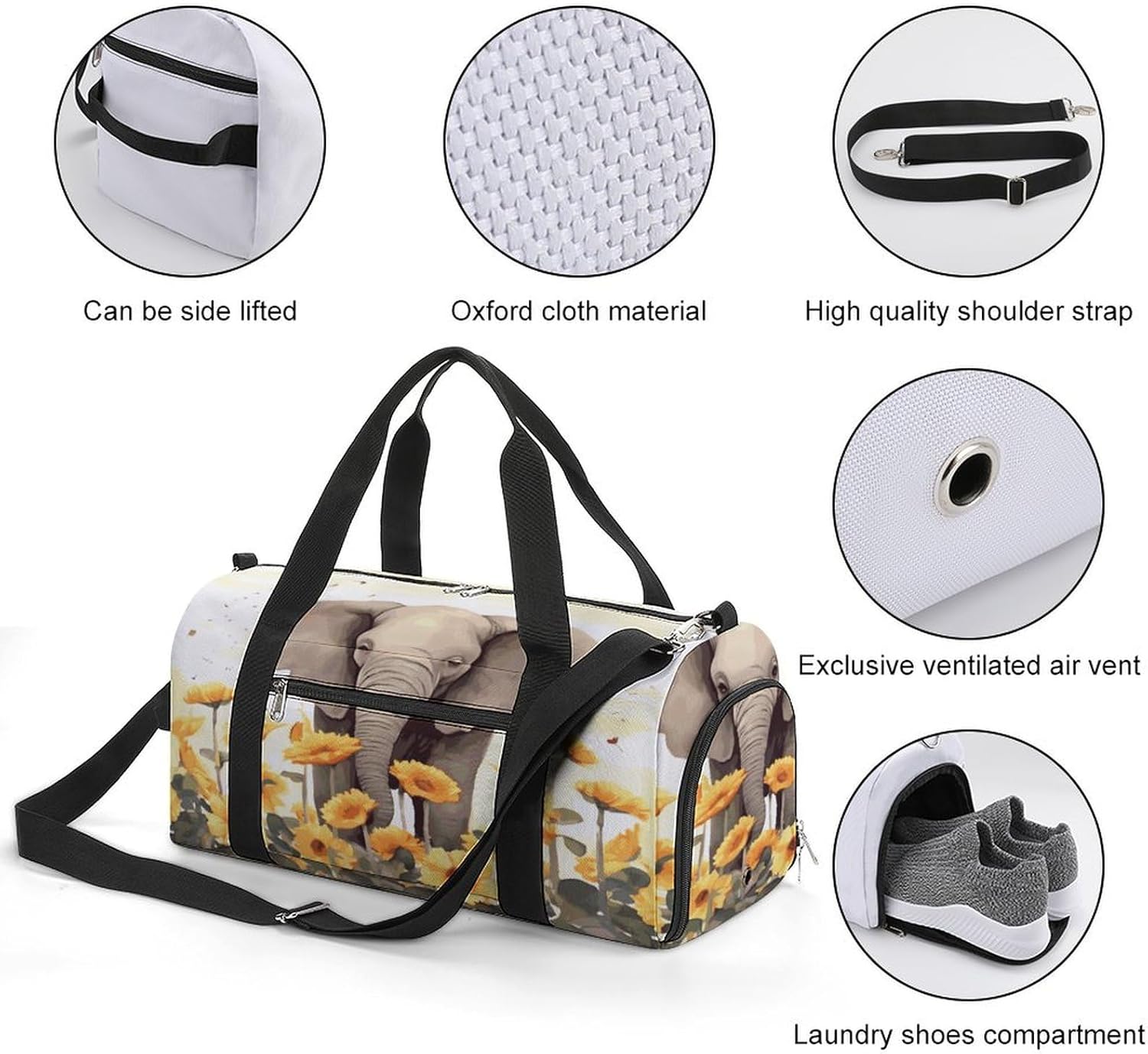 Elephant And Sunflower Barrel Gym Bags for Men And Women, Duffle Bag for Travel Sports Bag Camping Weekend Carry on Overnight Duffel Bag with Shoulder Strap