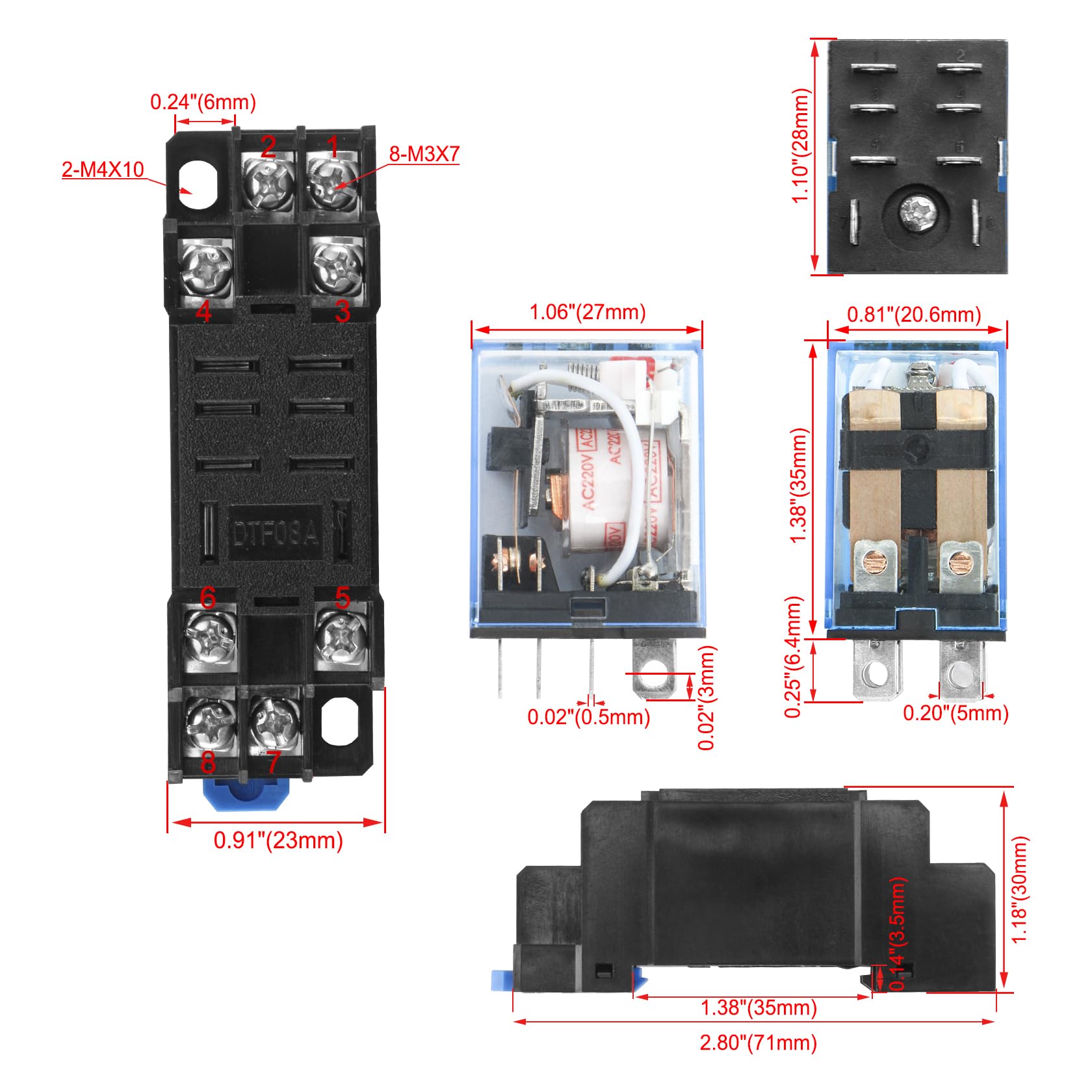 Heschen Relè per uso generico, LY2NJ, bobina 220VAC, 10A 24VDC/220VAC, DPDT, indicatore LED, con base a bussola