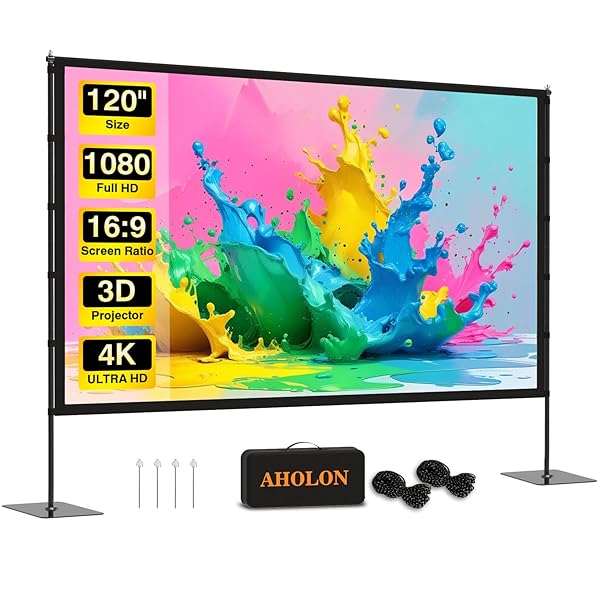 Outdoor Projector Screen with Stand - 120 inch Portable Projector Screens Indoor Outdoor Projector Screen 16:9 4K HD Outdoor Movie Screen with Carry Bag,Enioy Home Theater Projection Screen.