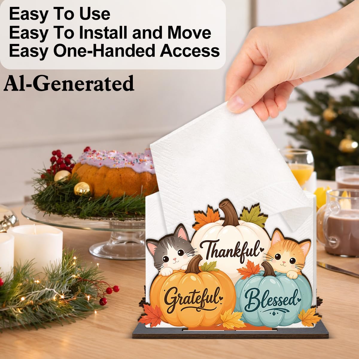 Fall Decor Cute Pumpkin Cat Wooden Napkin Holder for Table Autumn Thankful Pumpkin Wood Napkin Dispenser Thanksgiving Fall Decorations for Home Kitchen Dining Room Napkins Tissue Holder
