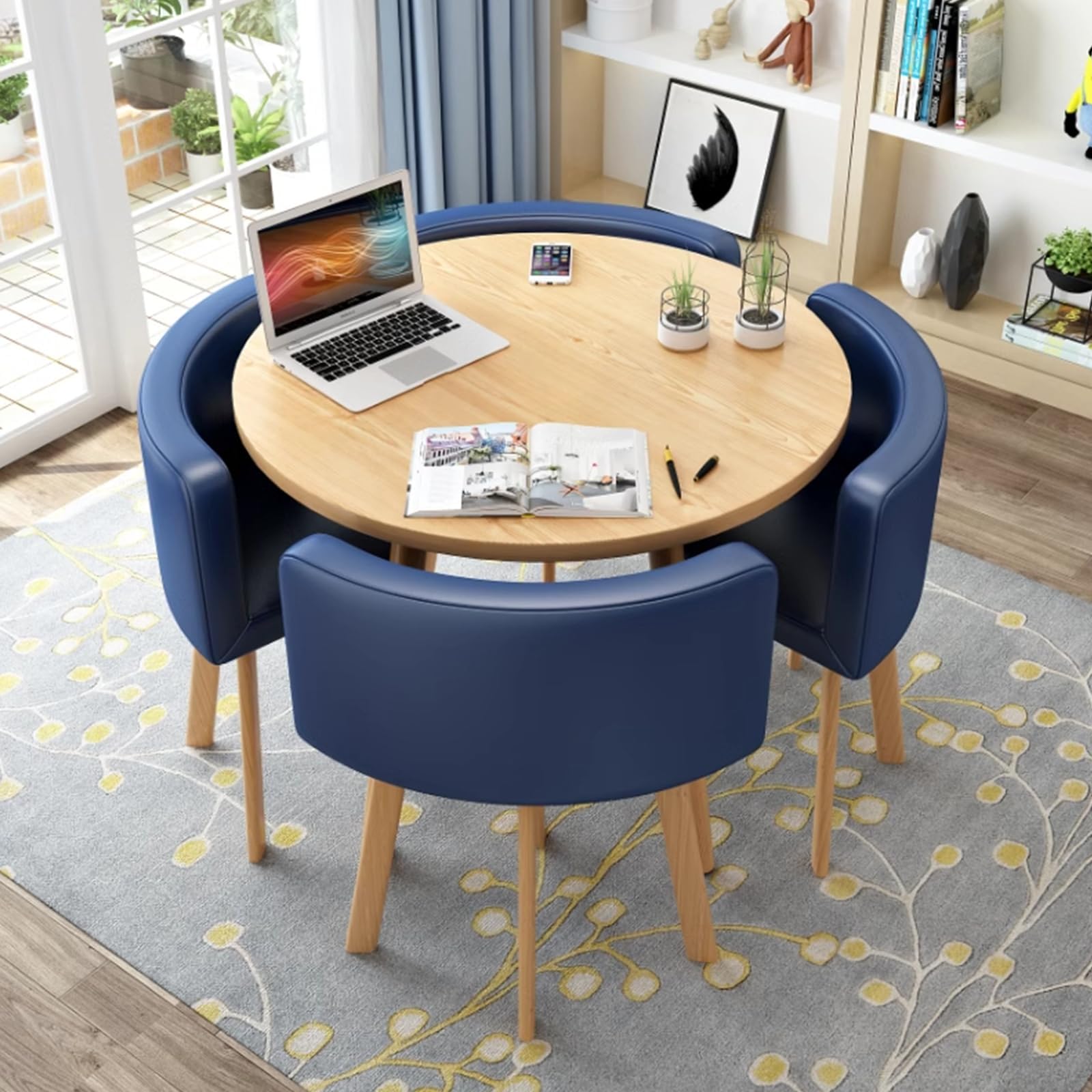 Round Kitchen Dining Table Set for 4, Space Saving Table and Chairs Set with Thick Tabletop 4 Upholstered Chairs, Dinning Room Modern Casual Coffee Table Set(D 31.5inch/80cm, PU Deep BlueA)