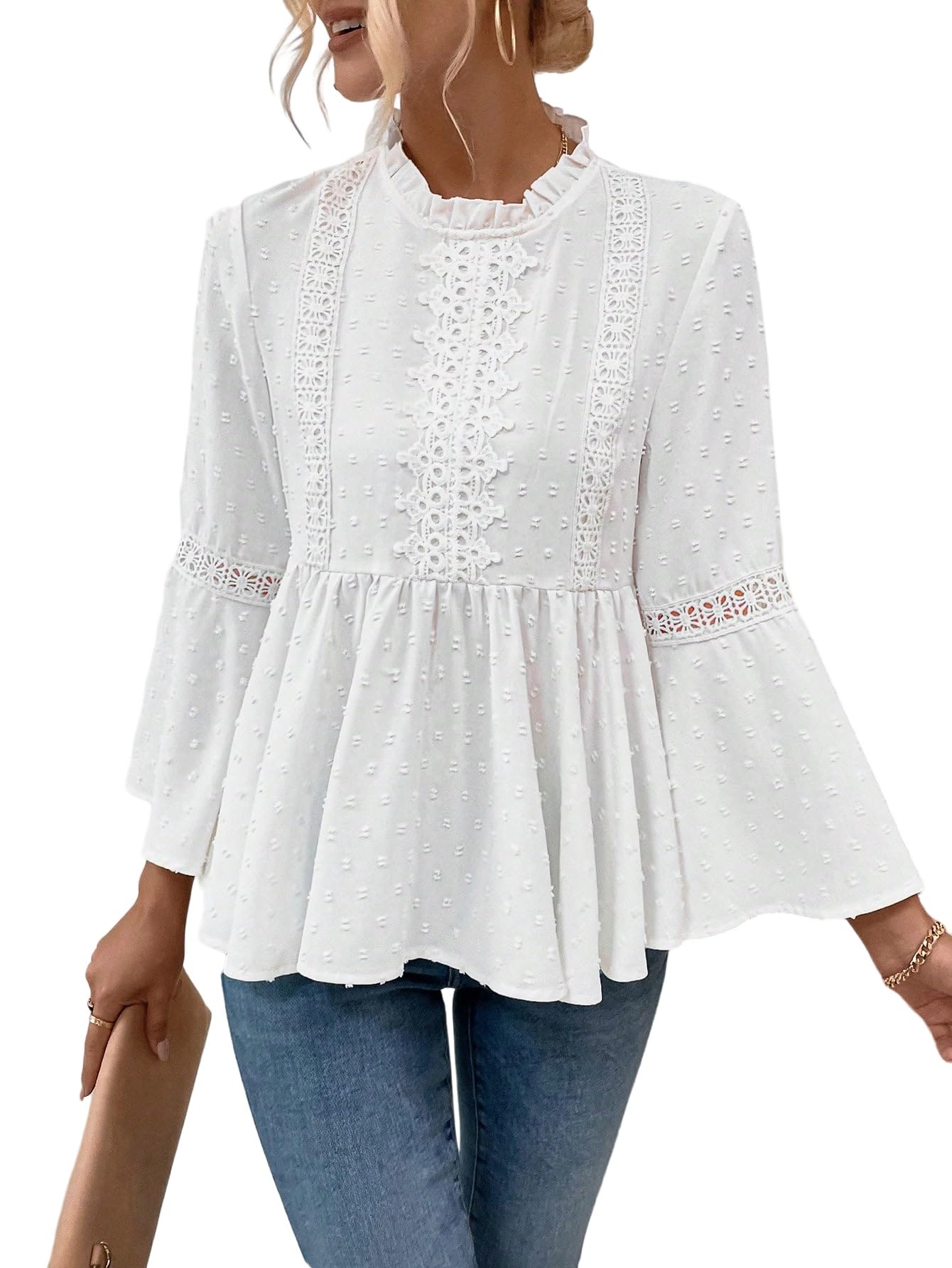 GORGLITTER Blusa elegante para mujer, cuello alto, con lunares suizos, manga de volantes, top de ocio, con encaje, bobydoll