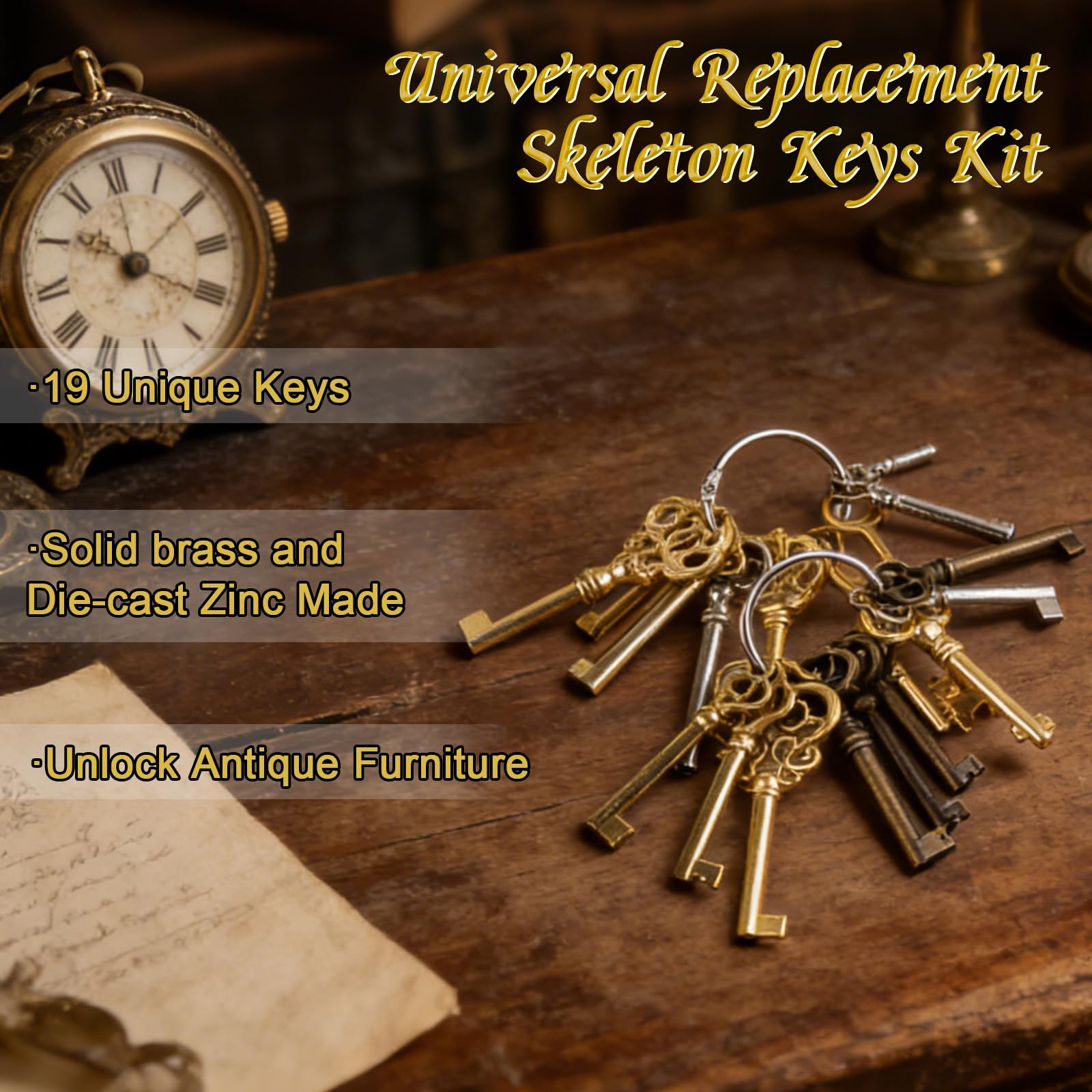 19 Stück Universal-Ersatzschlüssel-Kit,Geeignet für alte Möbeltüren, antike Frisiertische, Vintage-Uhren, chinesische Schrankschlösser usw, verleiht antiken Möbeln einen dekorativen Touch