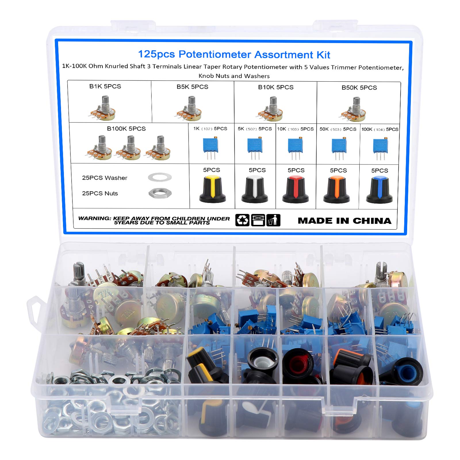 Buy SHEENO 125 PCS Potentiometer Assortment Kit, 1K100K Ohm Knurled
