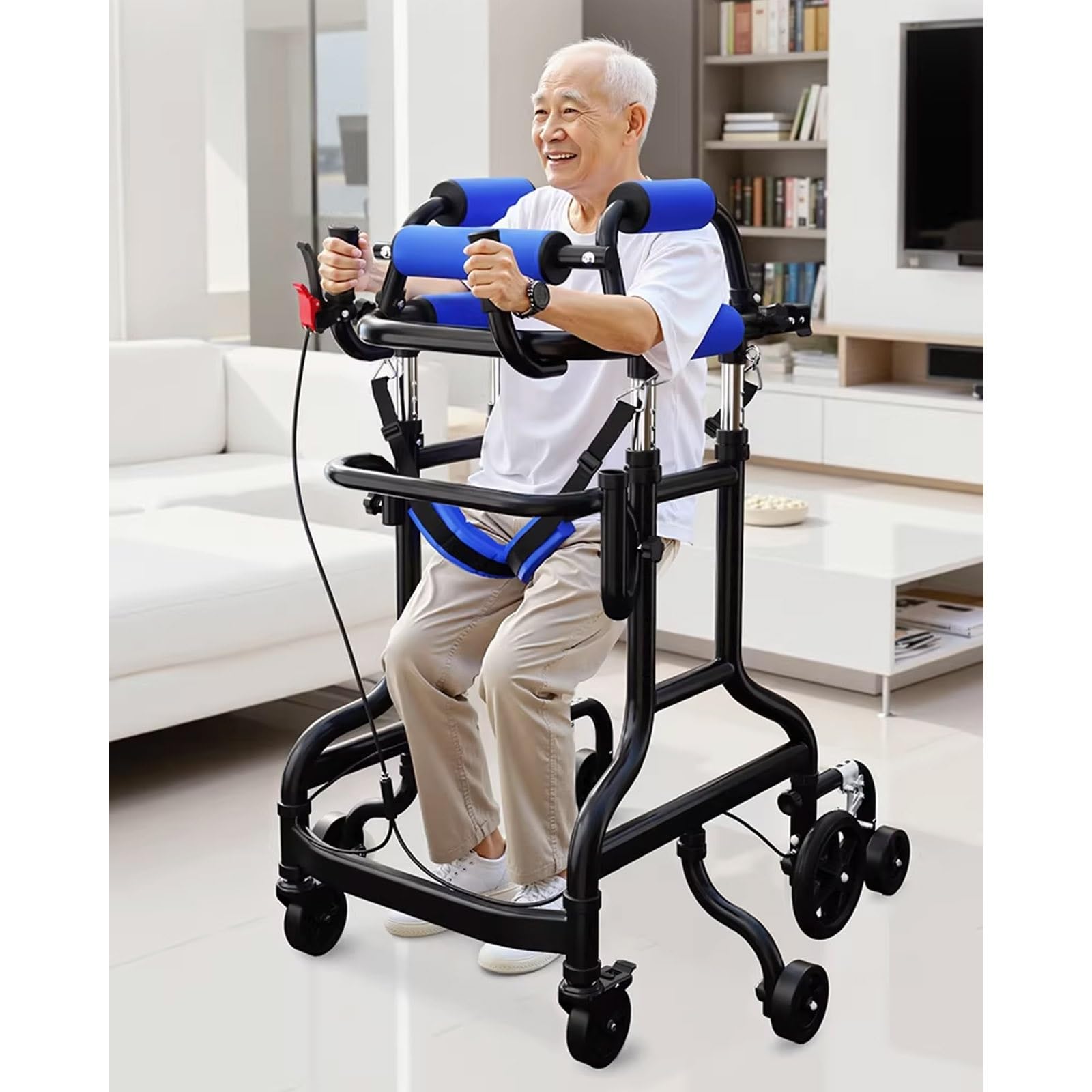 Andador de Pie for Rehabilitación de Hemiplejia con Freno de Mano único, Andadores con Ruedas Regulable en Altura y Anchura con Cojín de Asiento Extraíble for Personas Mayores