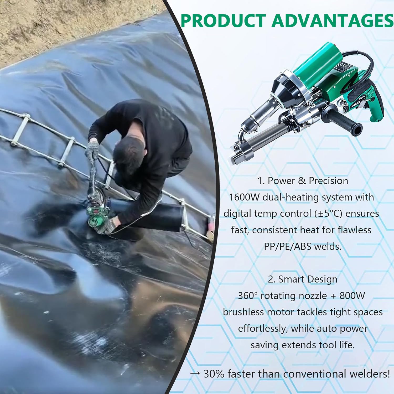 Extrusora de soldadura de plástico portátil de 1600 W, pistola de extrusión de aire caliente, pistola de soldadura de plástico, extrusora de soldadura para soldadura de láminas de PVC, HDPE y PP