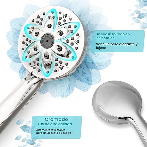 Vista 3 de Cabezal de ducha de mano de 6 ajustes, JDO - Cabezal de ducha de mano de alta presión, 4.7 pulgadas de cromo desmontable con manguera de acero