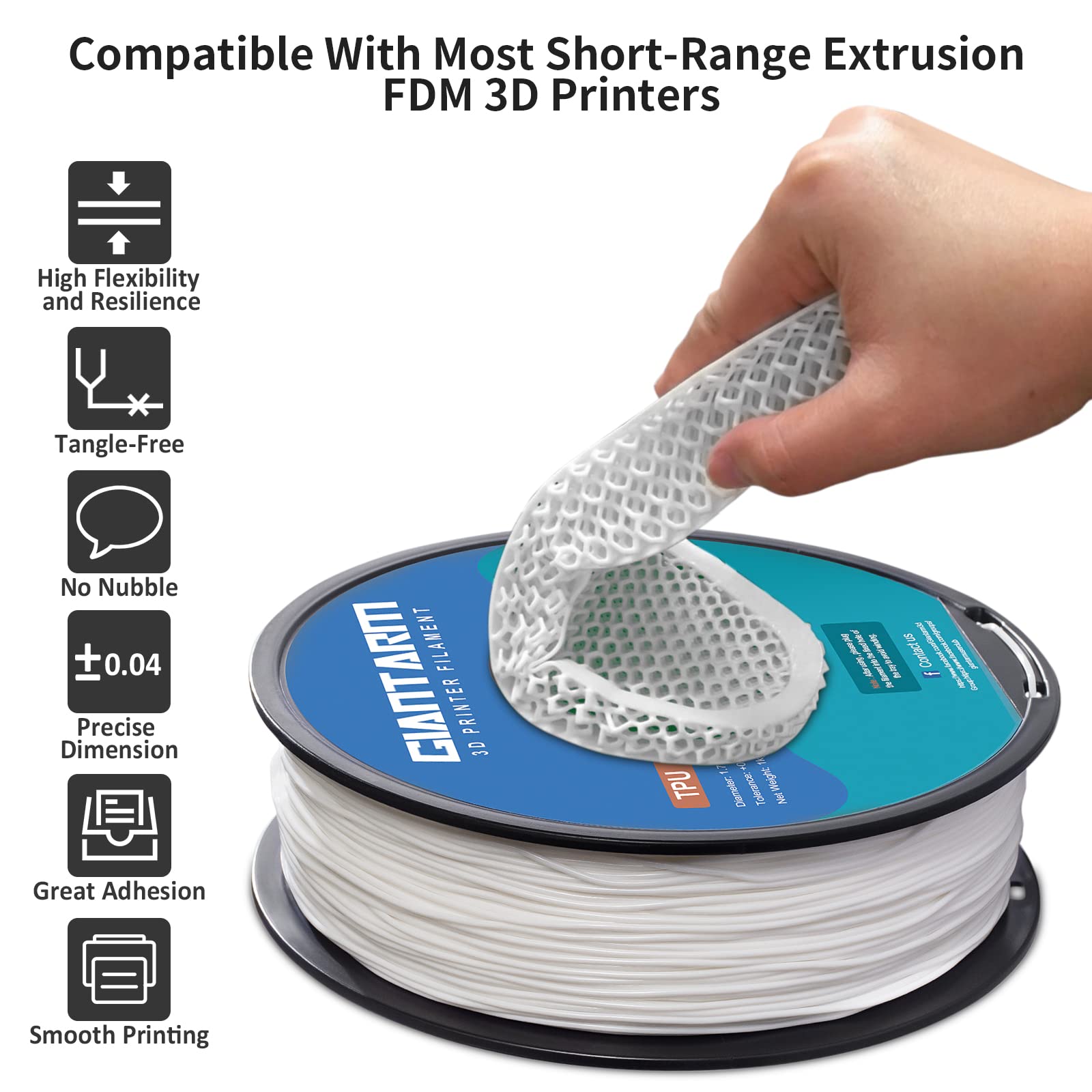GIANTARM Filament TPU souple 1,75 mm consommables pour imprimante 3D Blanc 95 A Bobine de 1 kg Précision dimensionnelle +/- 0,05 mm