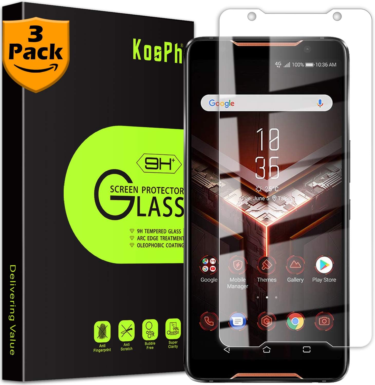 [3-Pack] KOSPH for Asus Rog Phone ZS600KL Tempered Glass Screen Protector, 9H 2.5D Arc Edge Glass Film with Oleophobic Coating, Anti Scratch/Impact Absorption/High Clarity (Partial Coverage, Clear)