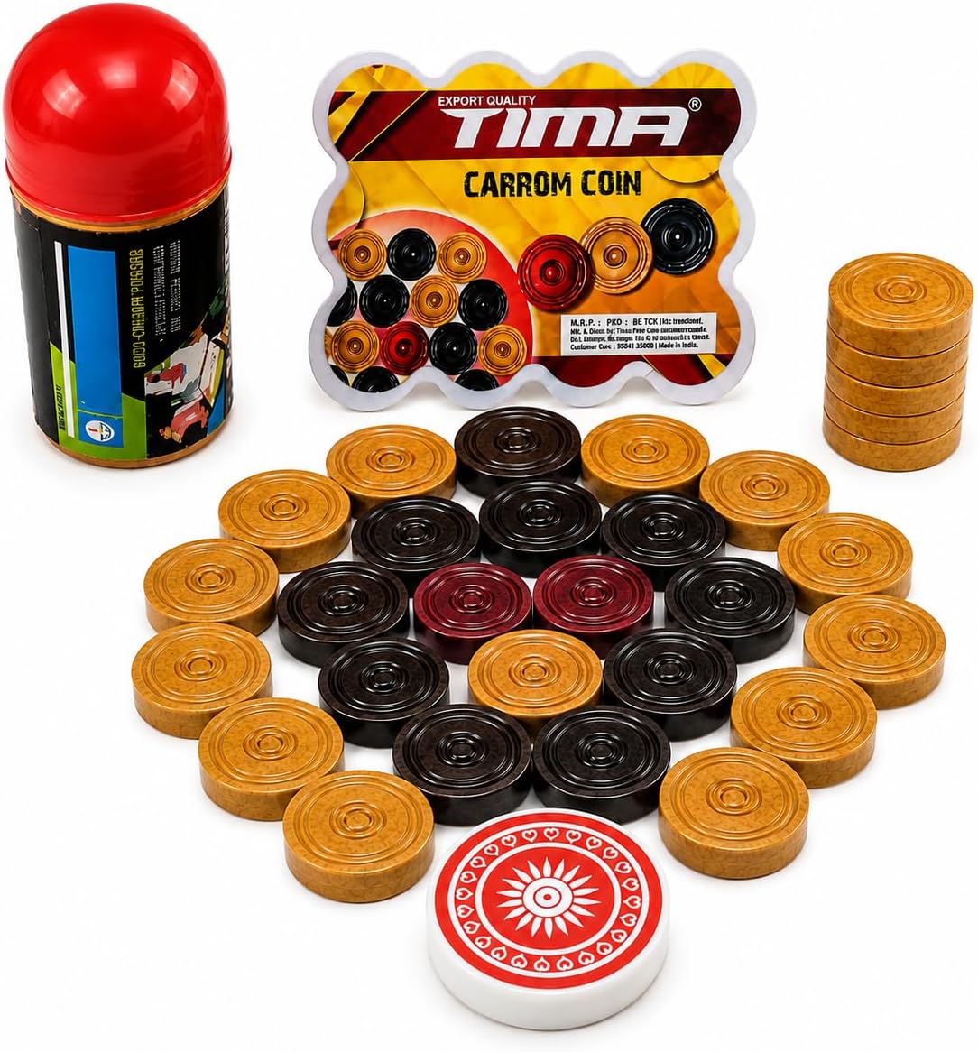 TIMA Carrom Coins Set 24 Pcs with Striker & Powder | Carrom Board Coins