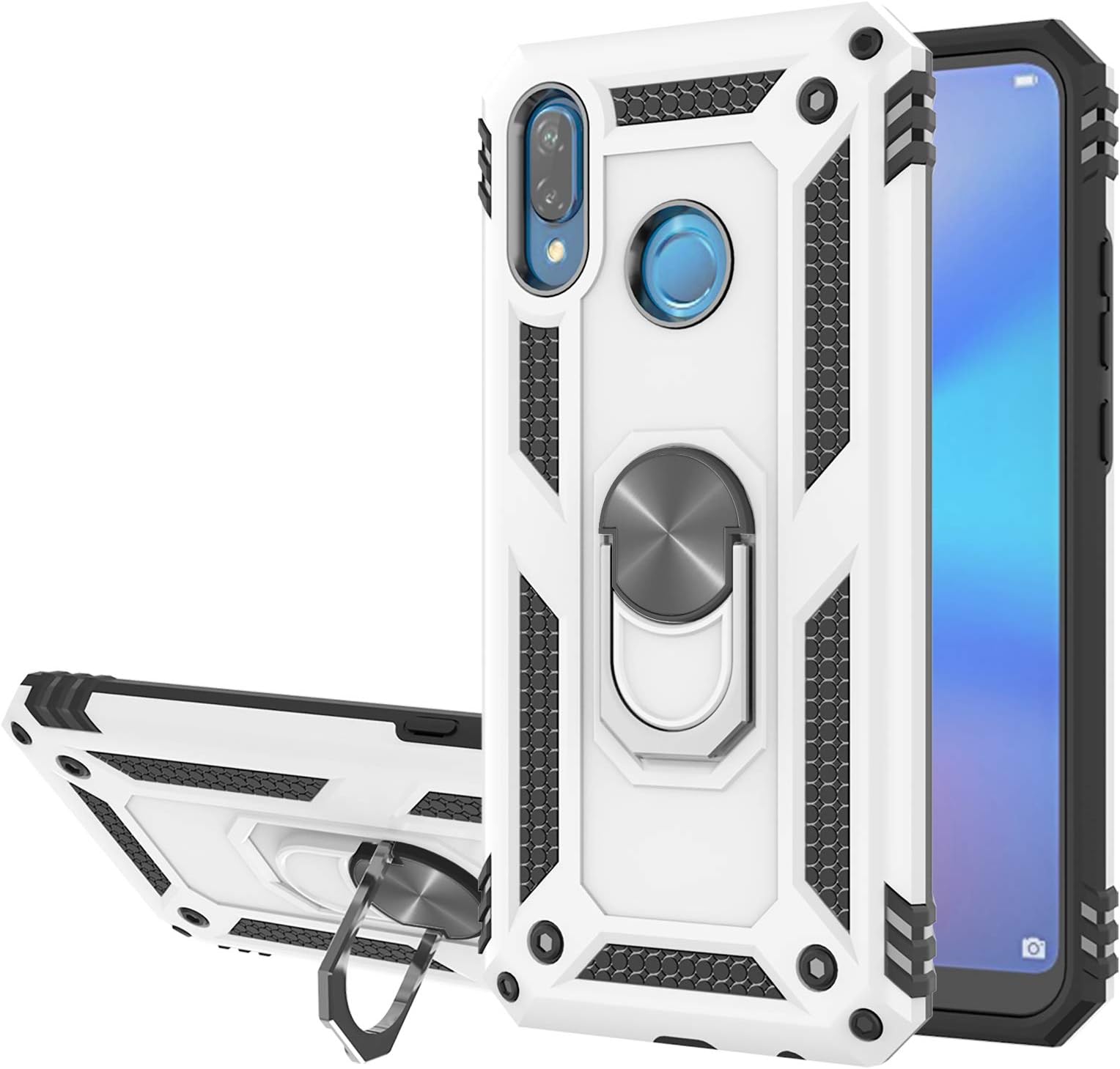 StarLodes Compatible for Huawei P20 Lite Case,Nova 3E Phone Case,(Not Nova 3)[HD Screen Protector] Heavy Duty Shockproof Protective Cover with Rotating Ring Kickstand Fit Magnetic Car Mount-Silvery