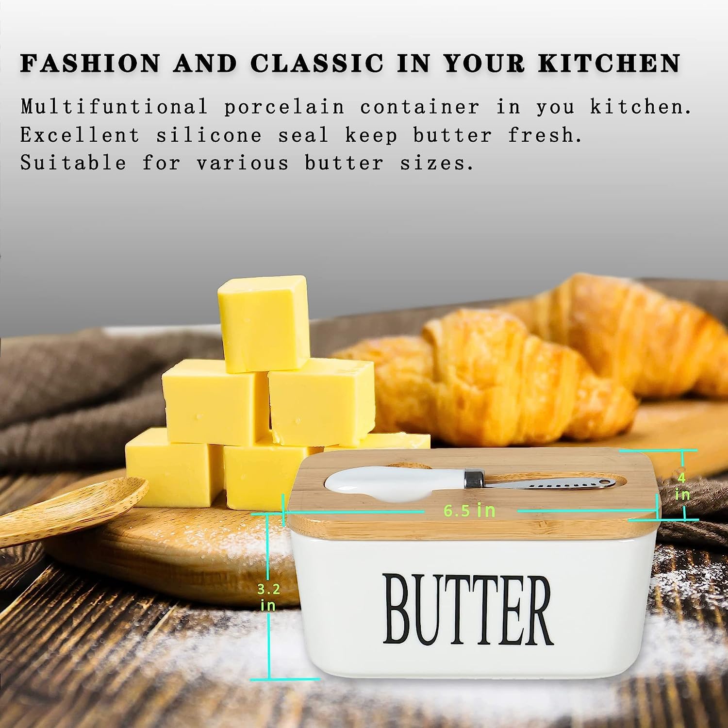 Butter Dish, Ceramic Butter Dish with Wooden Lid & Stainless Steel Knife 1