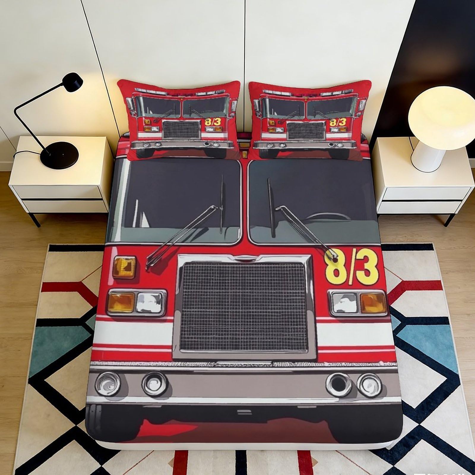 3D Printed Fire Truck Fitted Sheet Microfiber Red Engine Bed Cover for Bedroom Dorm Mattress Protection Decor 140x200x25cm