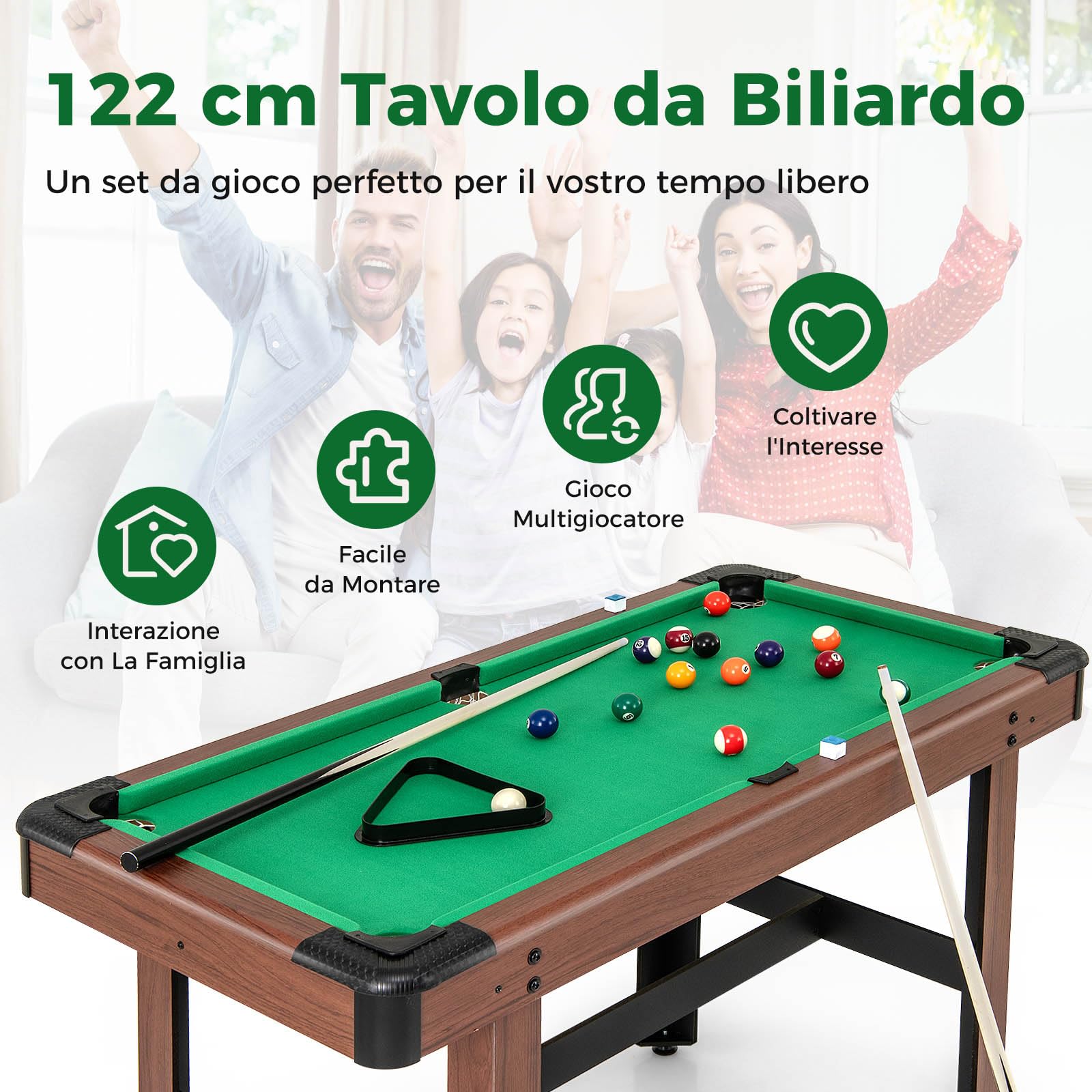 GYMAX Tavolo da Biliardo di 122cm, Tavolo da Pool in Legno con 16 Palline, 2 Stecche, 2 Gessetti, Triangolo, Spazzola, Piedini Regolabili, Tavolo da Gioco per Bambini e Adulti
